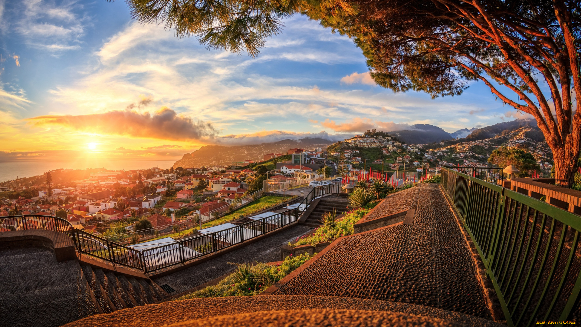 города, -, пейзажи, дома, португалия, madeira, небо, солнце, море, побережье, горизонт, облака, закат, пейзаж, горы