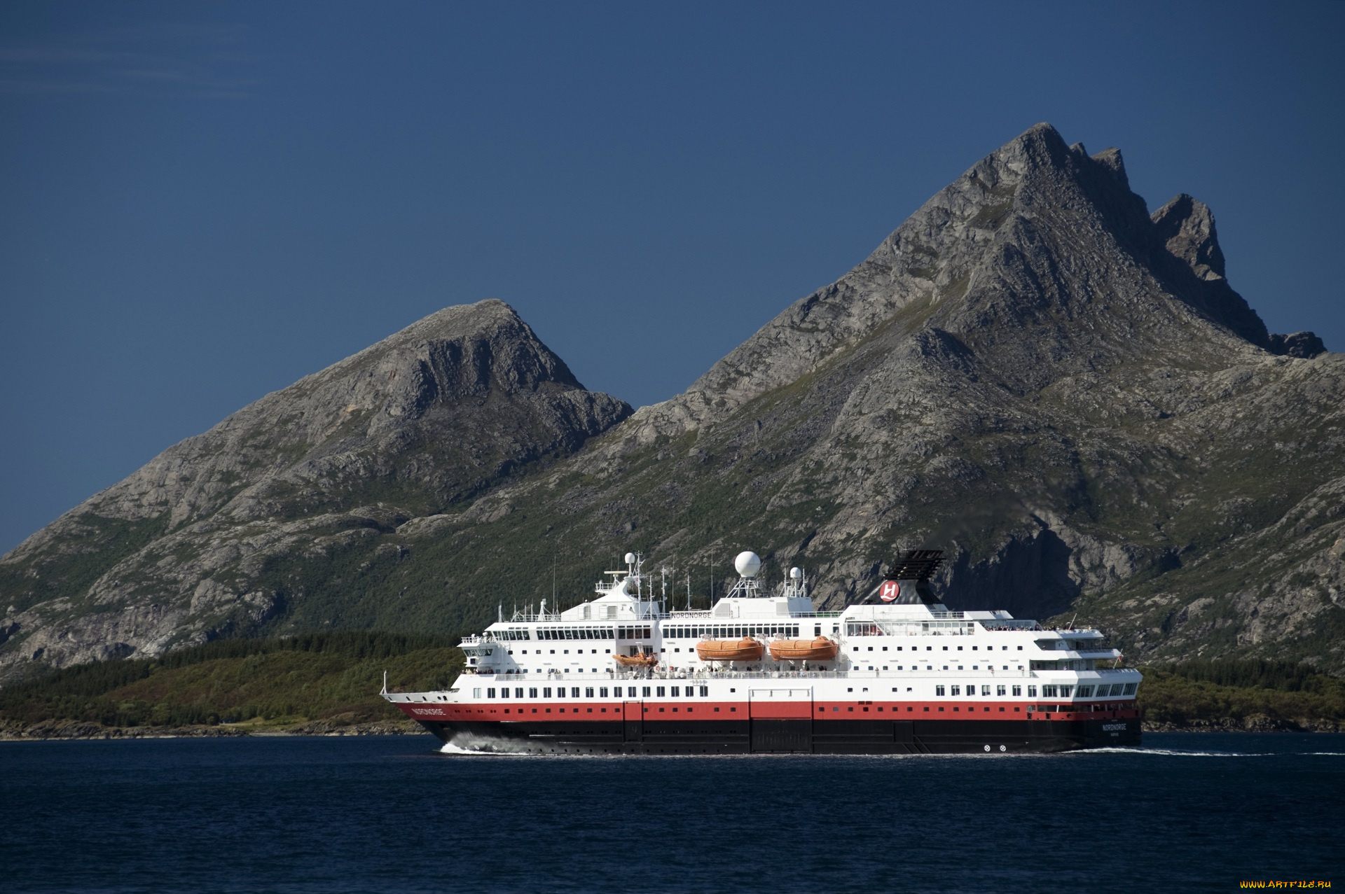 норвегия, корабли, лайнеры, водоем, скалы