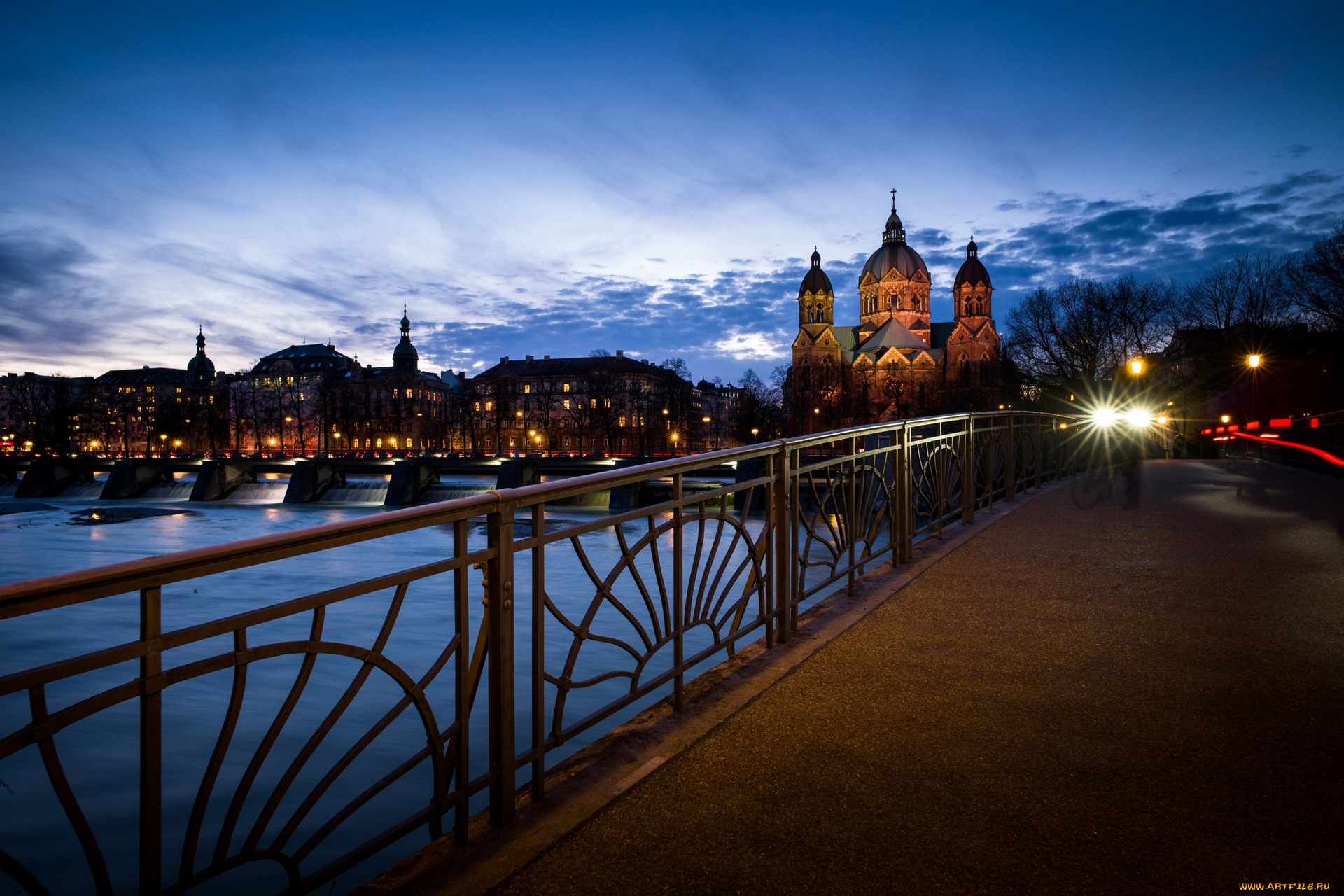 германия, города, -, огни, ночного, города, освещение, водоем, здания, решетка