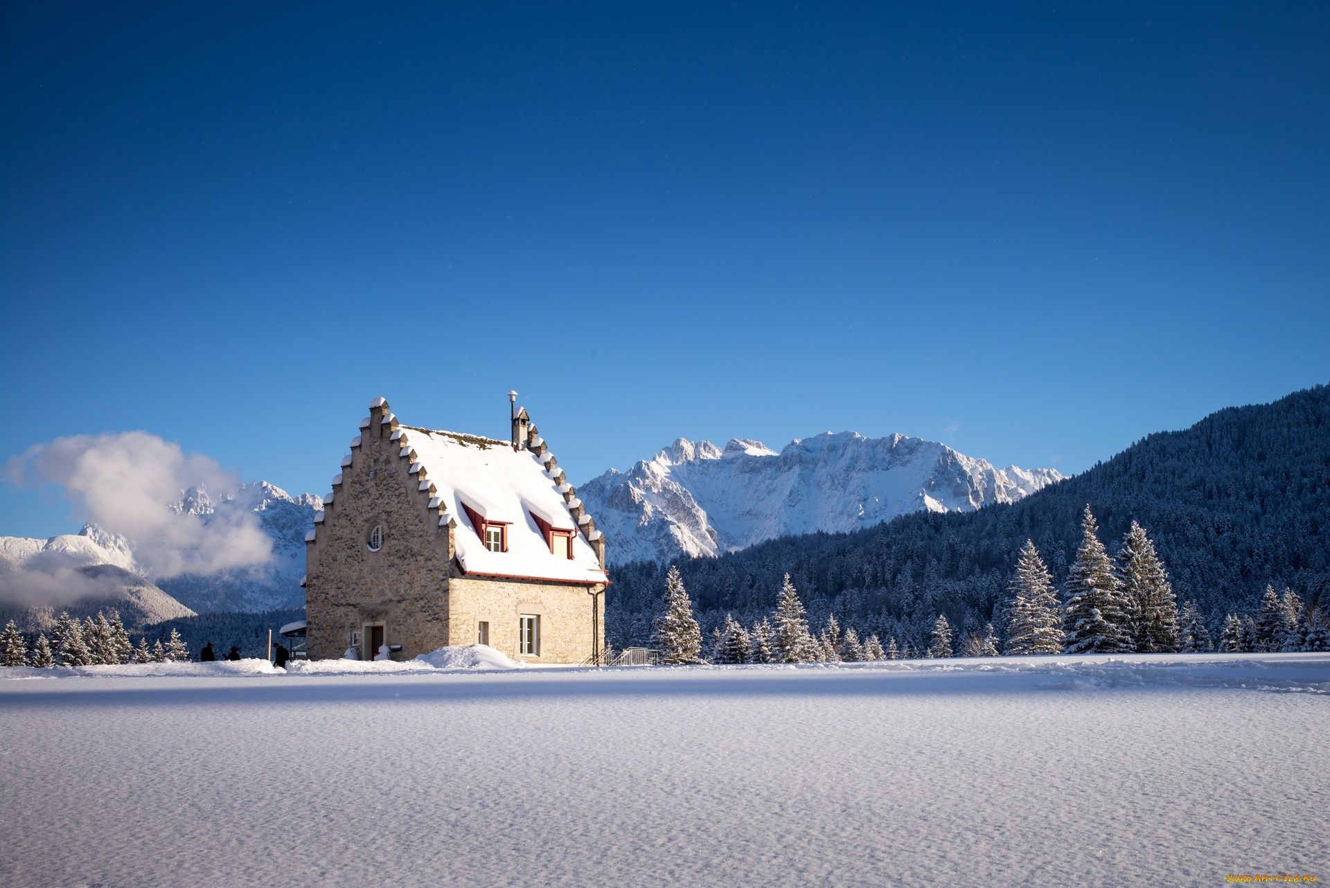 германия, природа, зима, горы, дом, снег