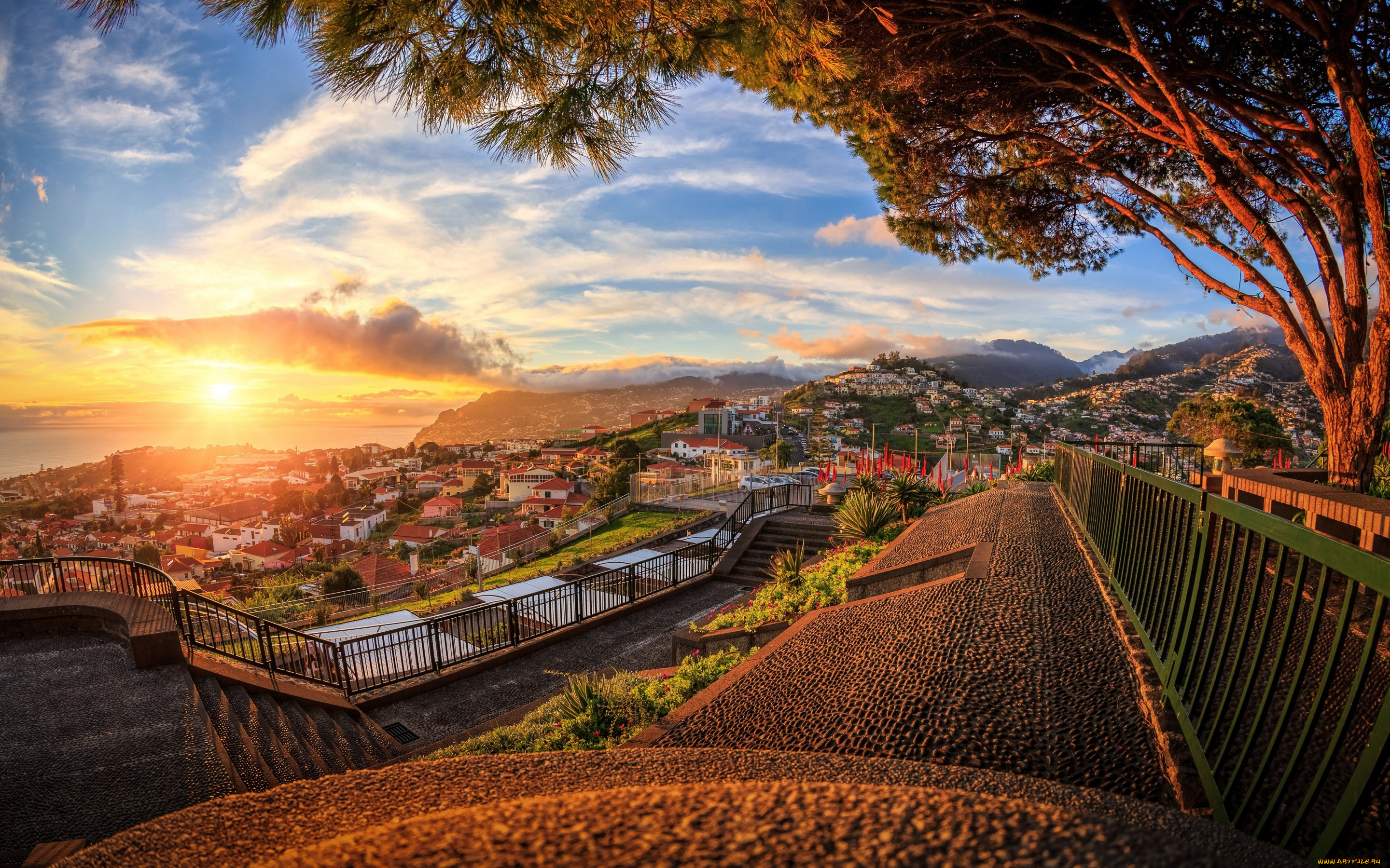 города, -, пейзажи, дома, португалия, madeira, небо, солнце, море, побережье, горизонт, облака, закат, пейзаж, горы