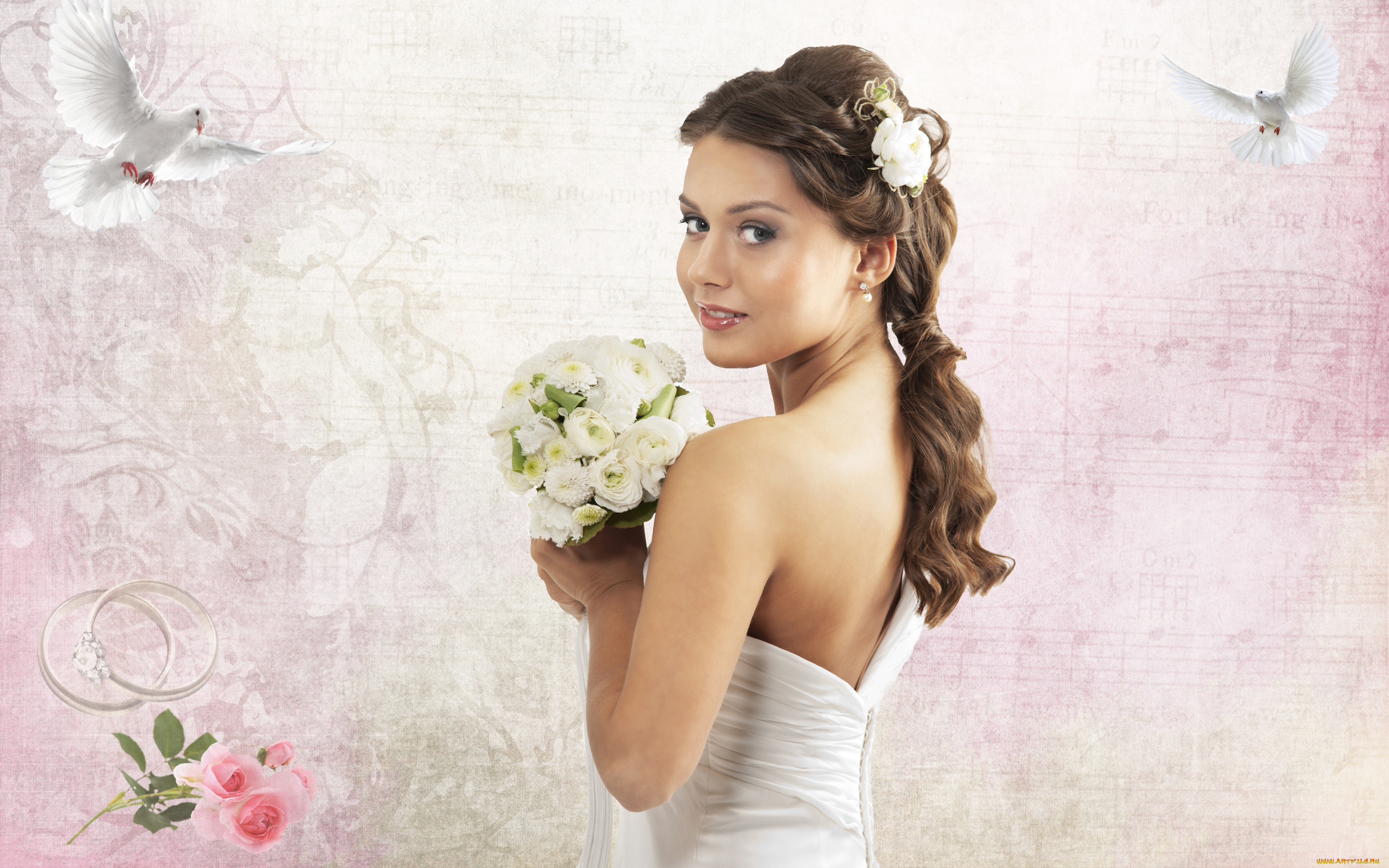 девушки, -unsort, , невесты, кольца, голуби, букет, цветы, шатенка, платье, невеста