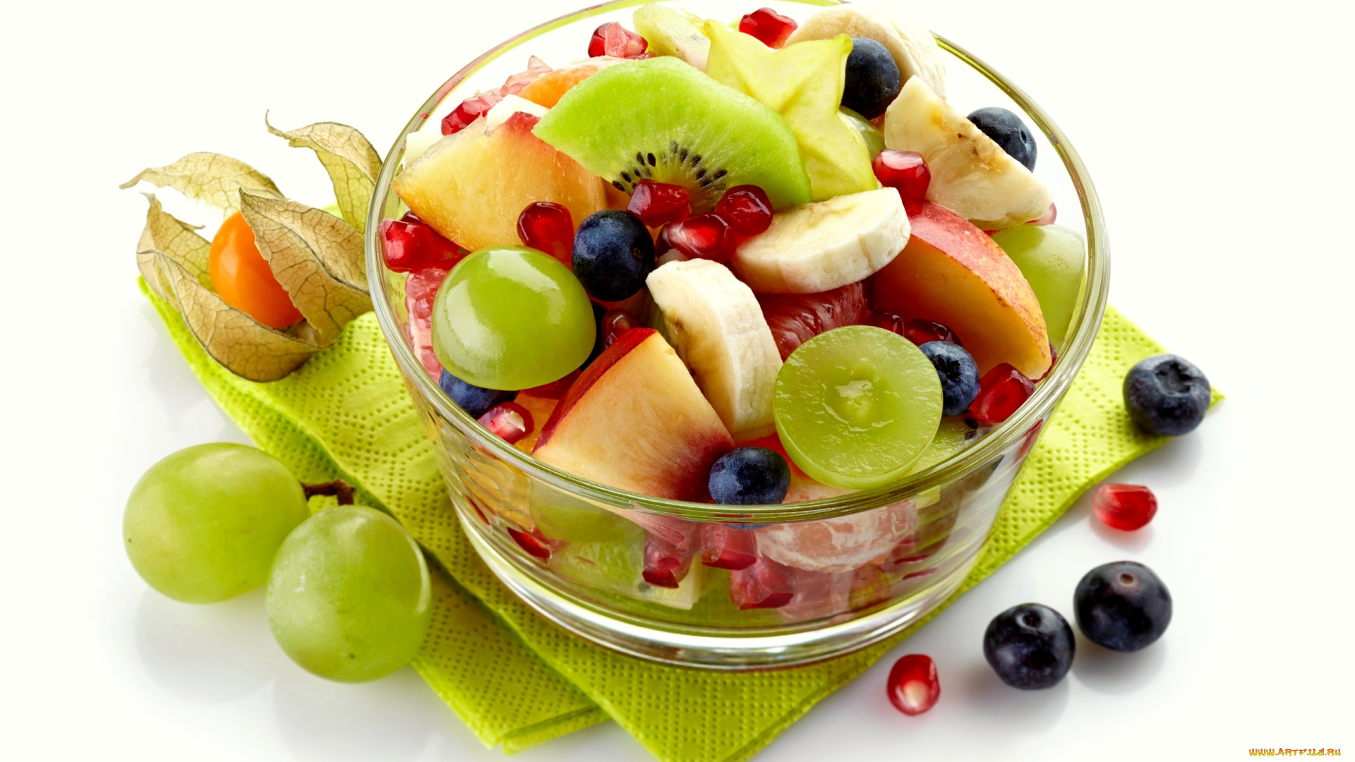 еда, фрукты, , ягоды, виноград, банан, черника, гранат, физалис