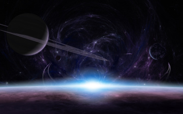 Картинка космос арт спутники поверхность атмосфера кольца свет планеты восход