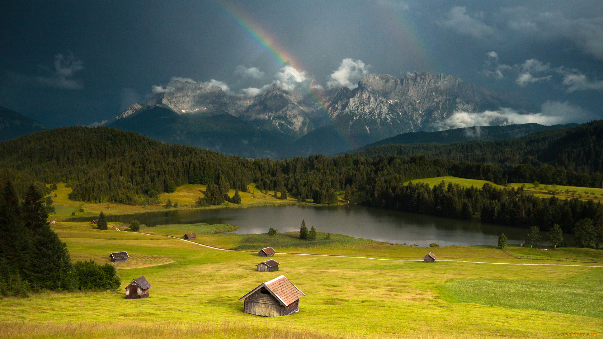 gerold, lake, germany, природа, радуга, германия, озеро, луга, горы, лес, хижины