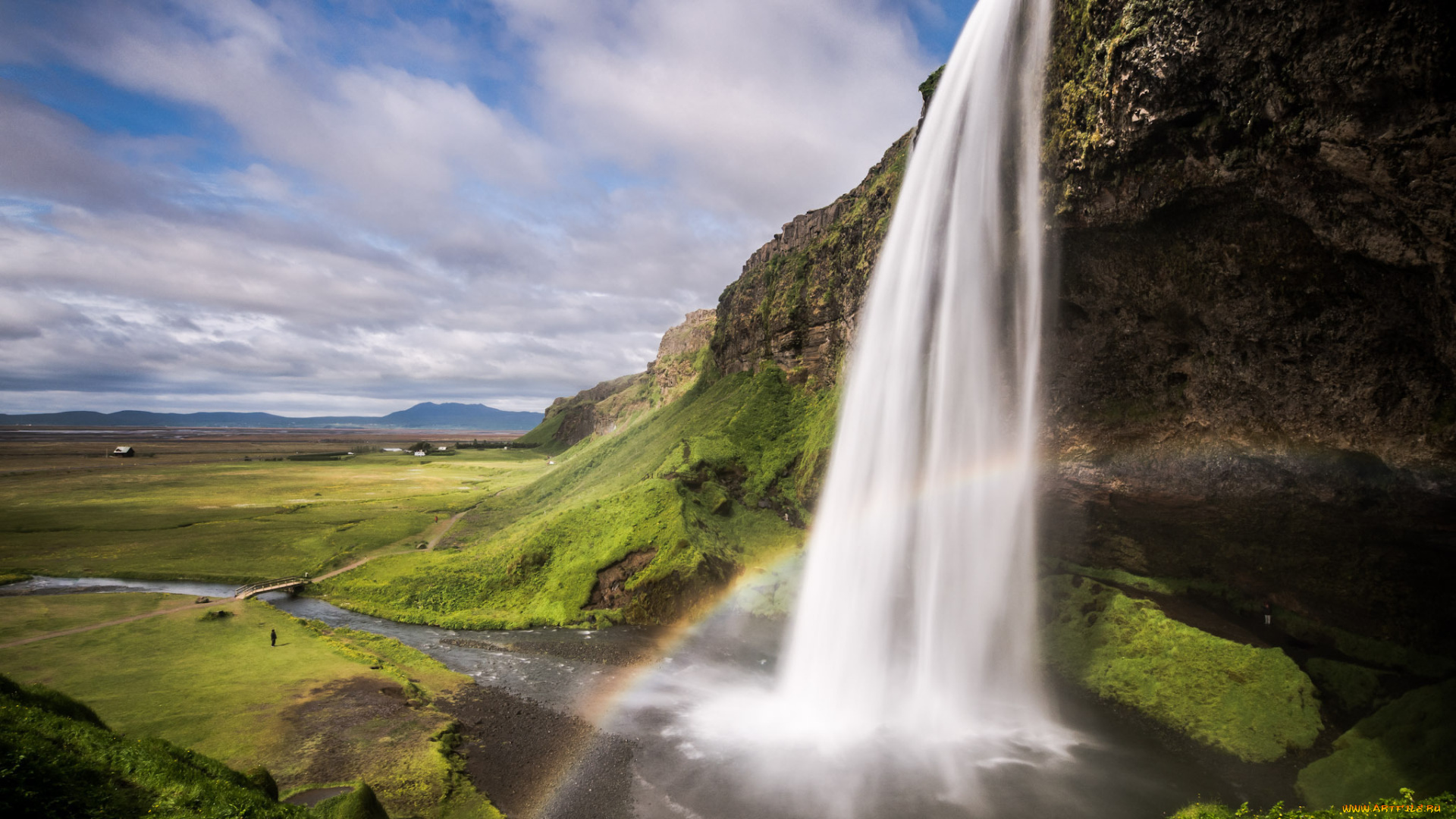 seljalandsfoss, iceland, природа, водопады, скалы, долина, радуга, исландия
