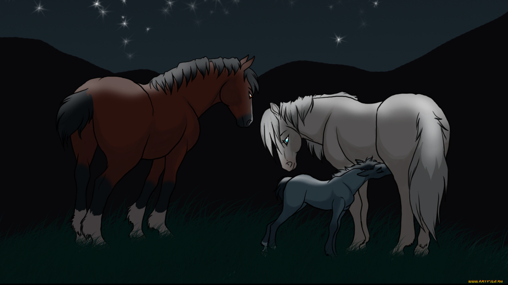 рисованные, животные, лошади, горы, ночь