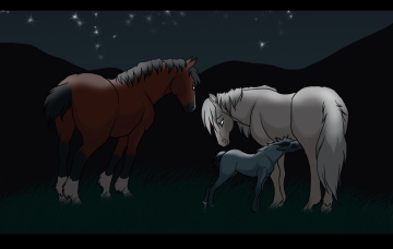 Картинка рисованные животные лошади горы ночь