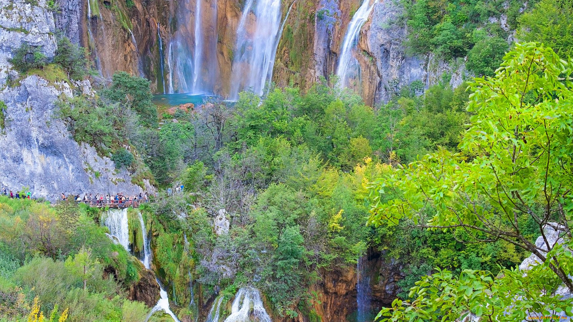 природа, водопады, деревья, лес, скалы, водопад