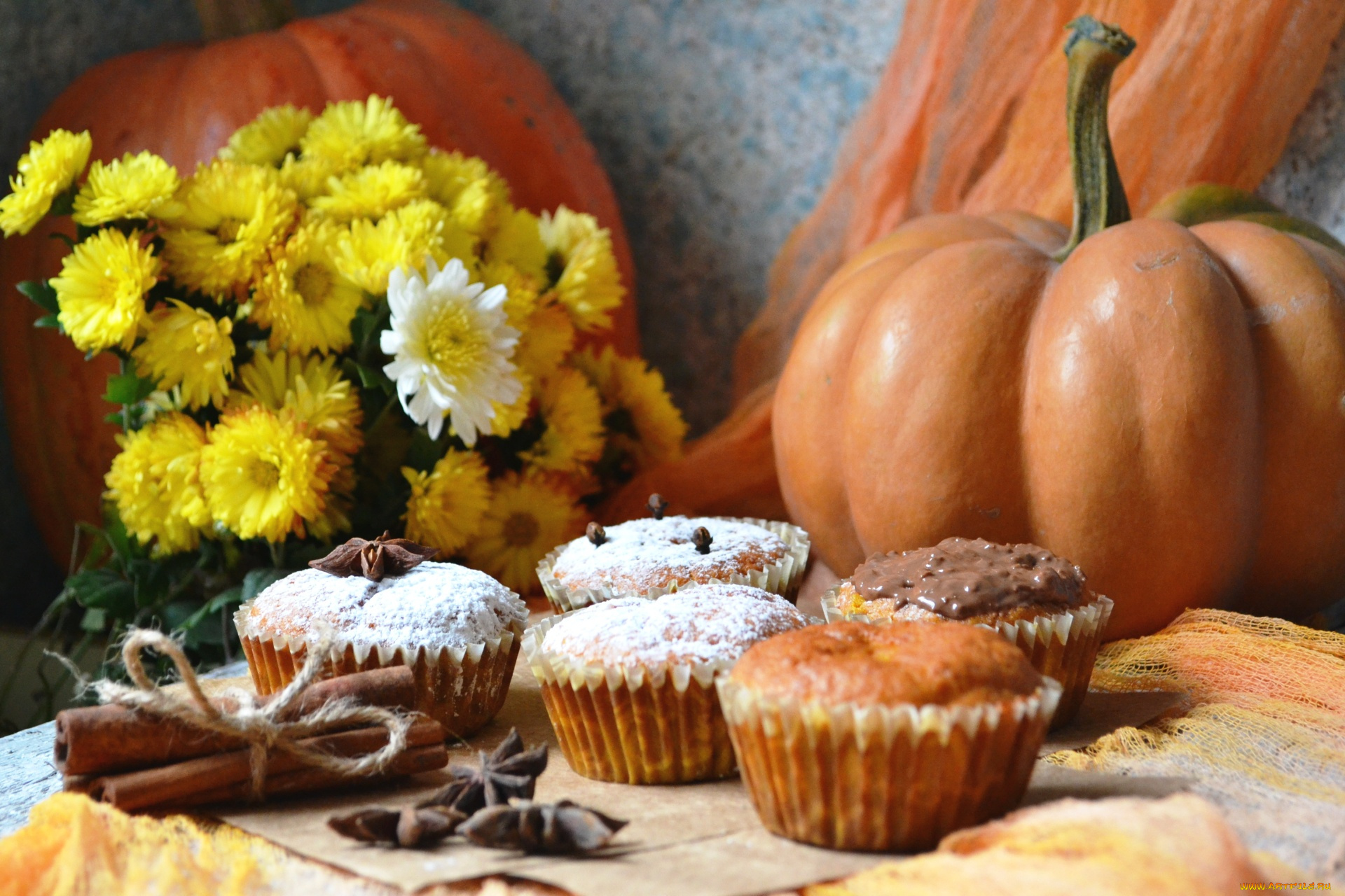 еда, пирожные, , кексы, , печенье, выпечка, корица, тыква, цветы, осень, кексы