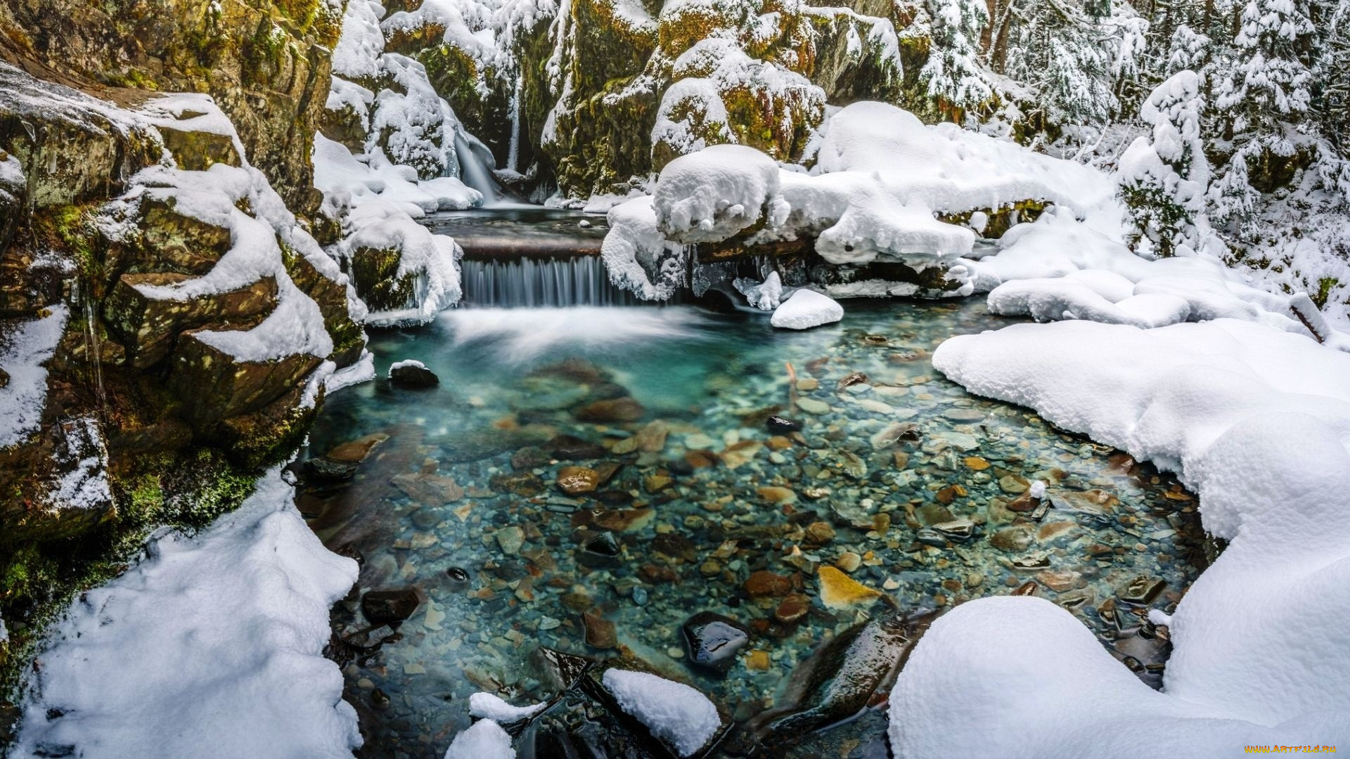 природа, водопады, река, зима