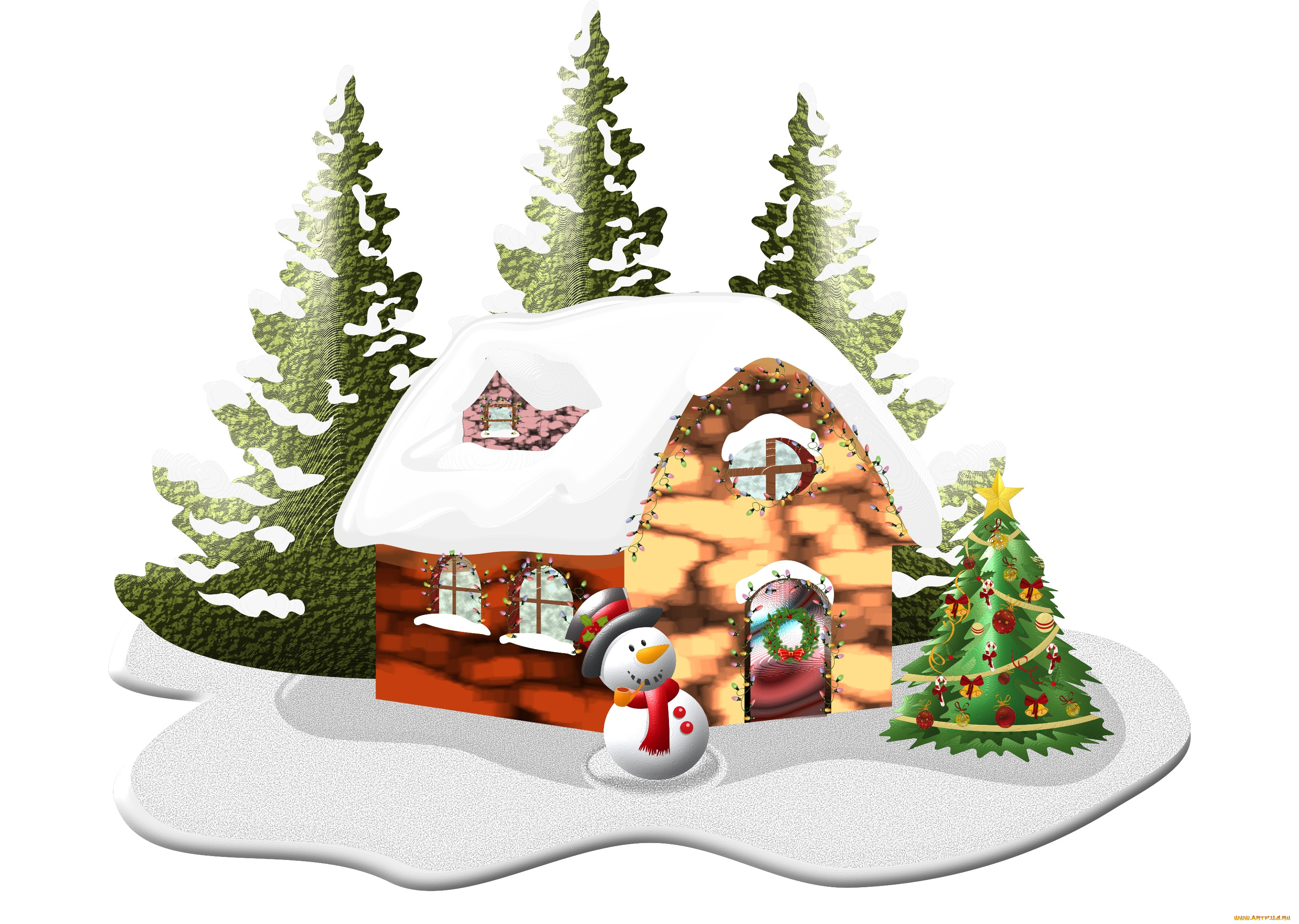 праздничные, векторная, графика, , новый, год, ели, дом, снег, снеговик