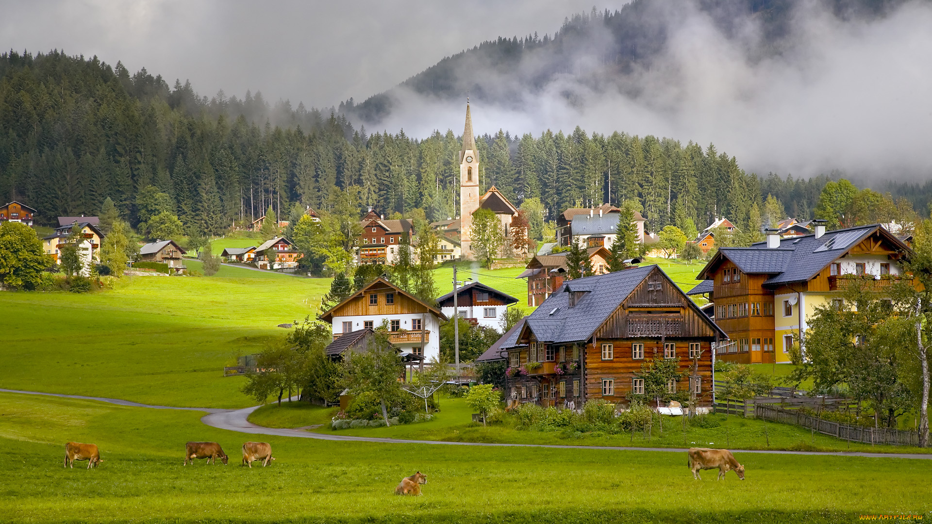 gosau, village, austria, города, пейзажи, дымка, трава, луг, austri, австрия