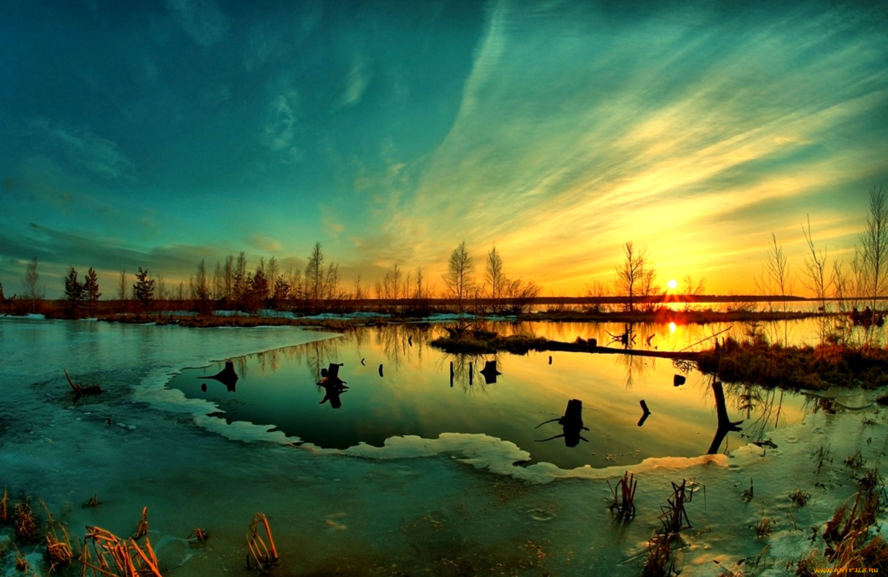 winter, sunset, природа, восходы, закаты, зима, озеро, лед, закат