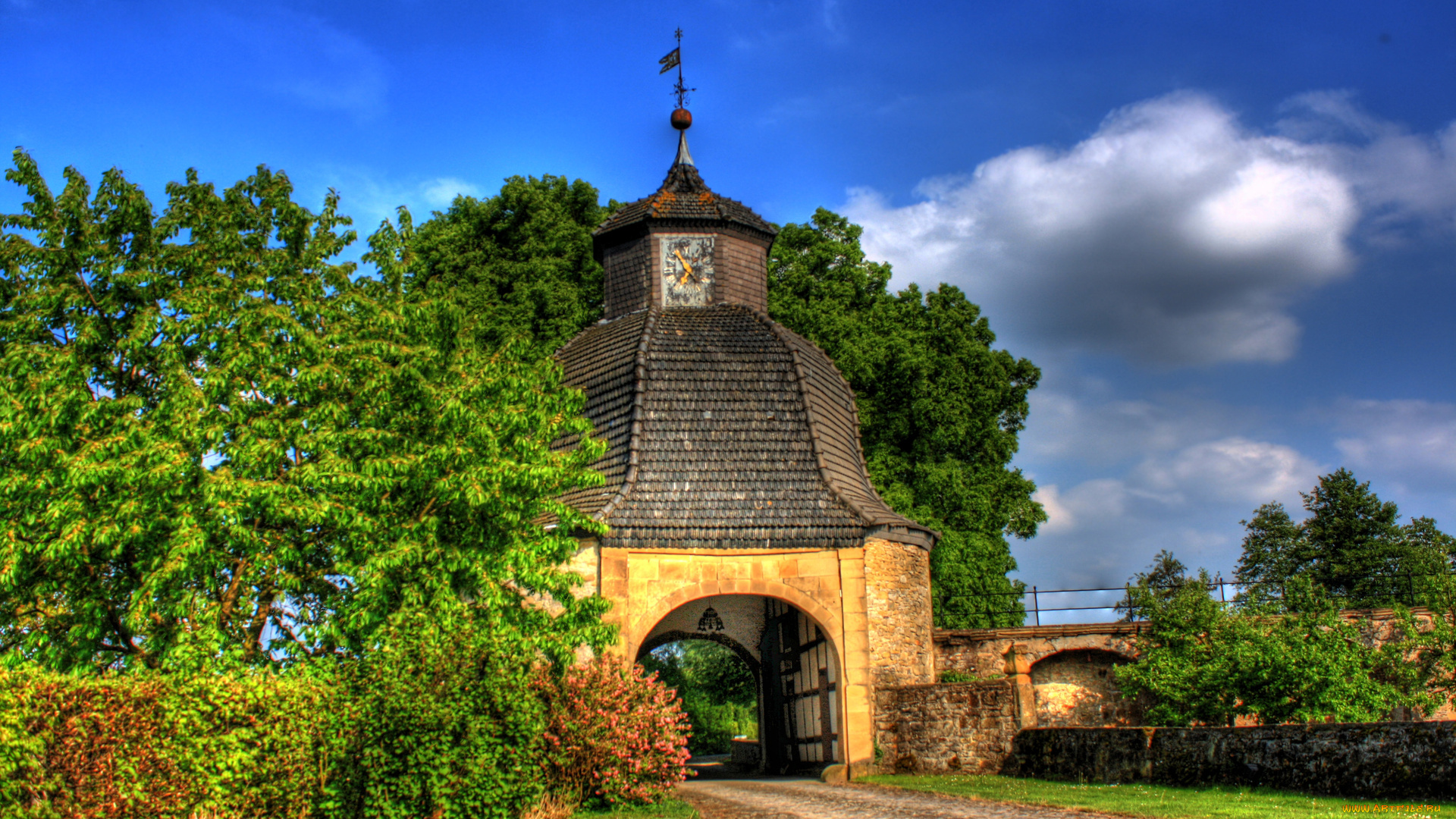 beautiful, park, entrance, природа, парк, деревья, башенка, ворота