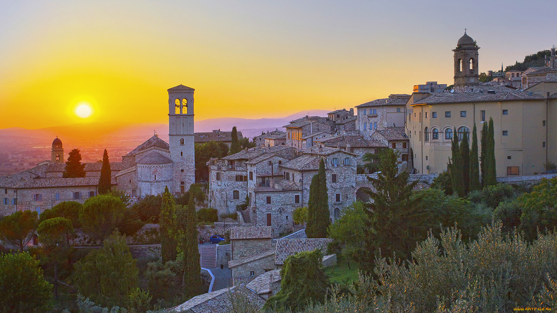 города, панорамы, закат, дома, assisi, italy