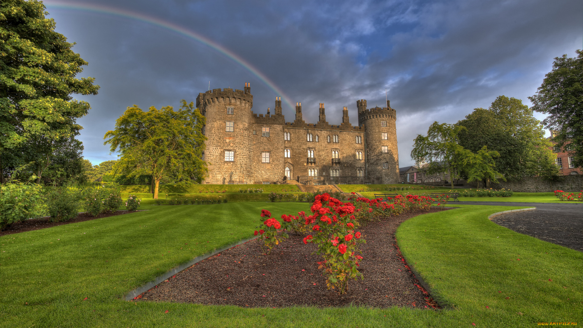 kilkenny, castle, ireland, города, дворцы, замки, крепости, цветы, радуга, замок, ирландия, парк