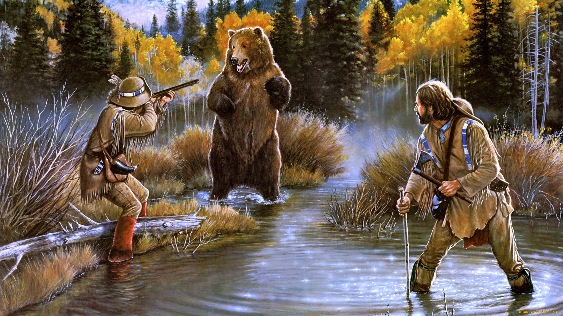 trouble, on, clear, creek, рисованные, jerry, crandall, ситуация, охотники, медведь, проблема