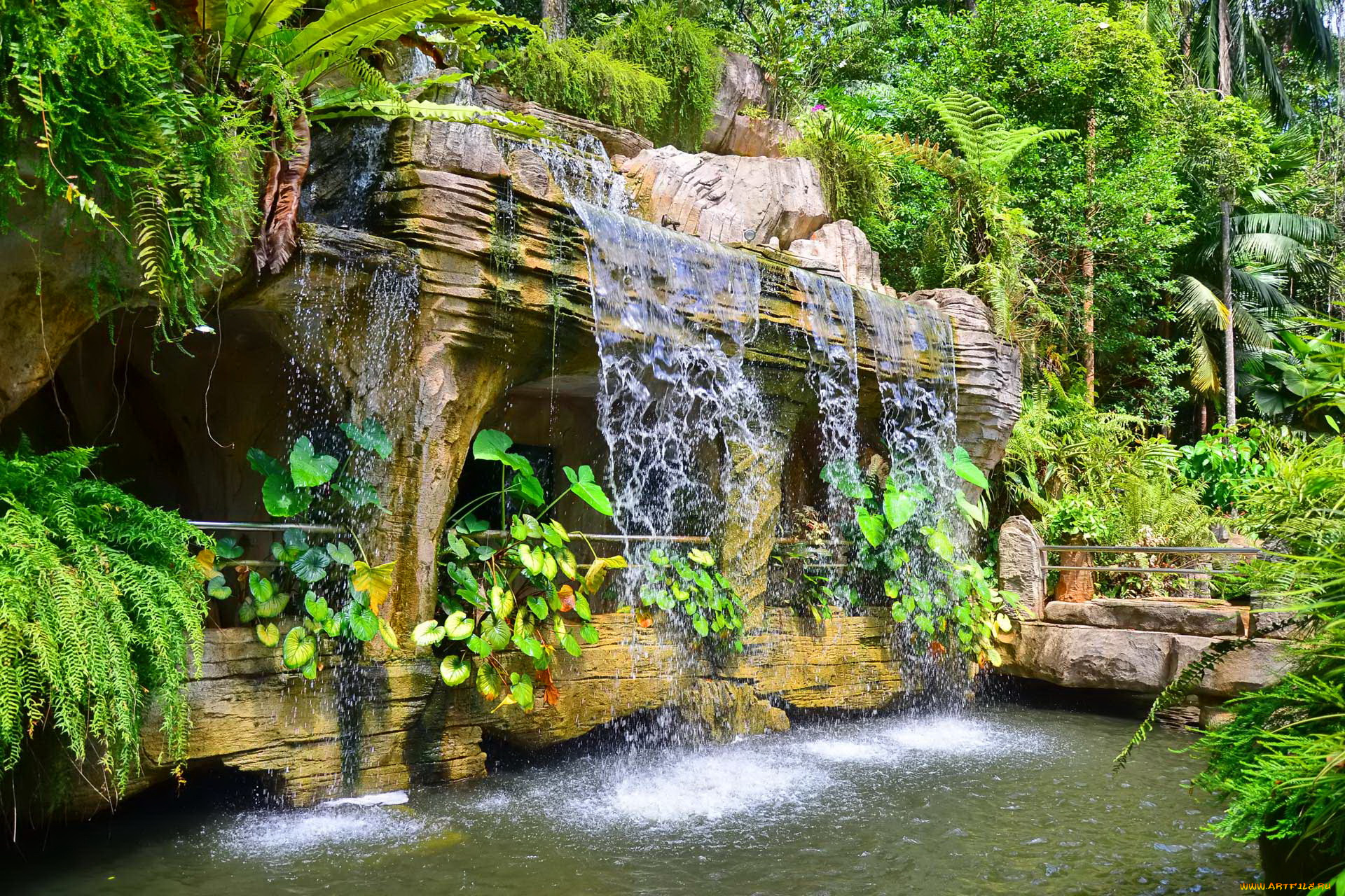 garden, waterfall, природа, водопады, водопад, уступ, парк, заросли, скалы