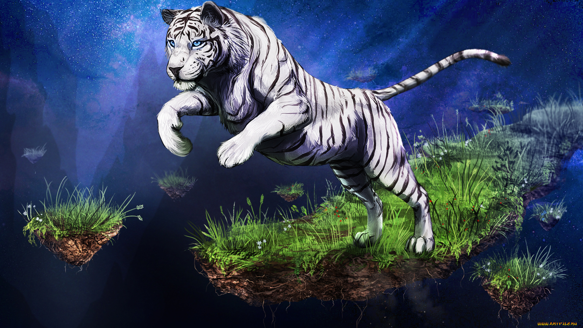 рисованные, животные, тигры, прыжок