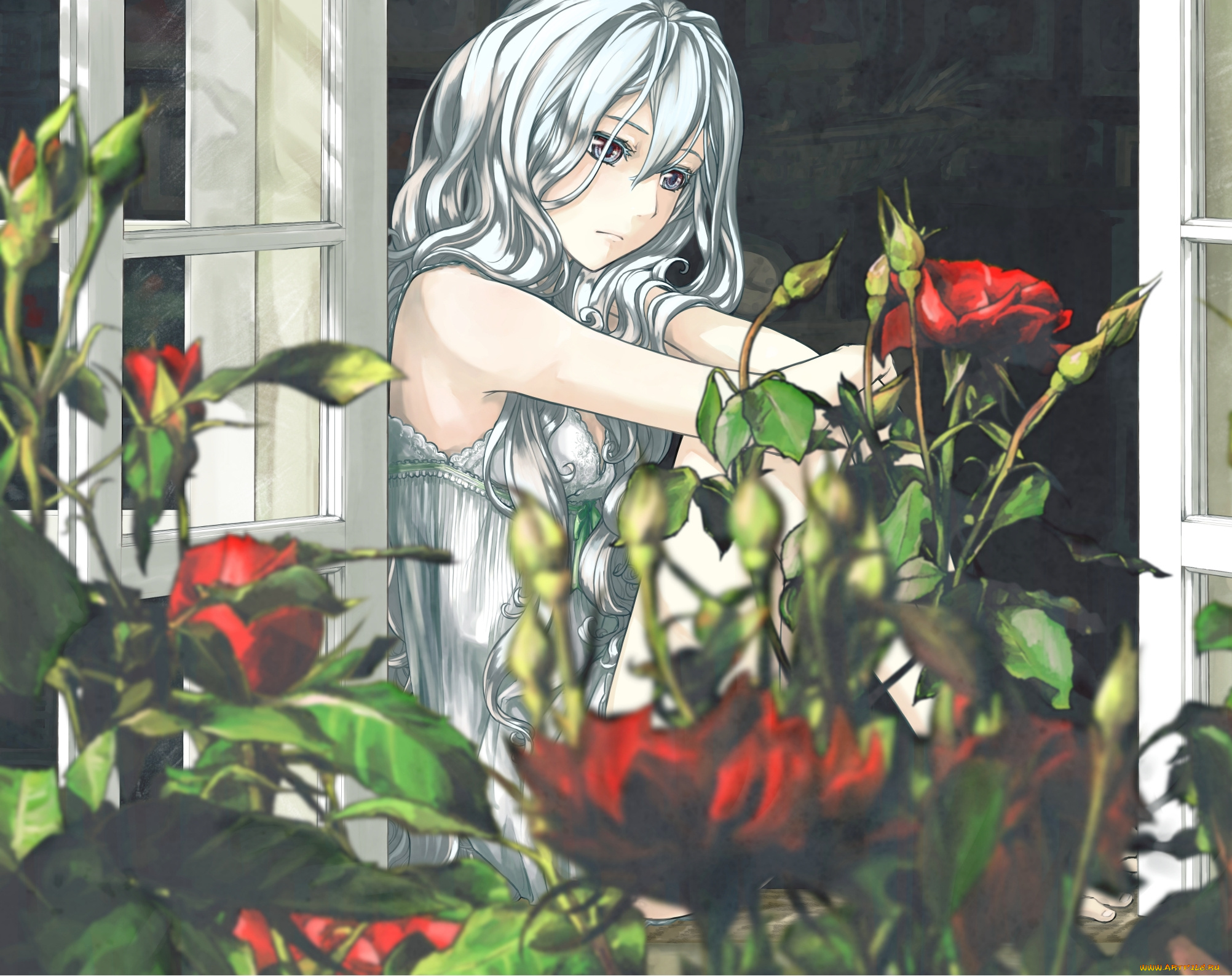 by, unosawa, subaru, аниме, *unknown, другое, девушка, окно, цветы
