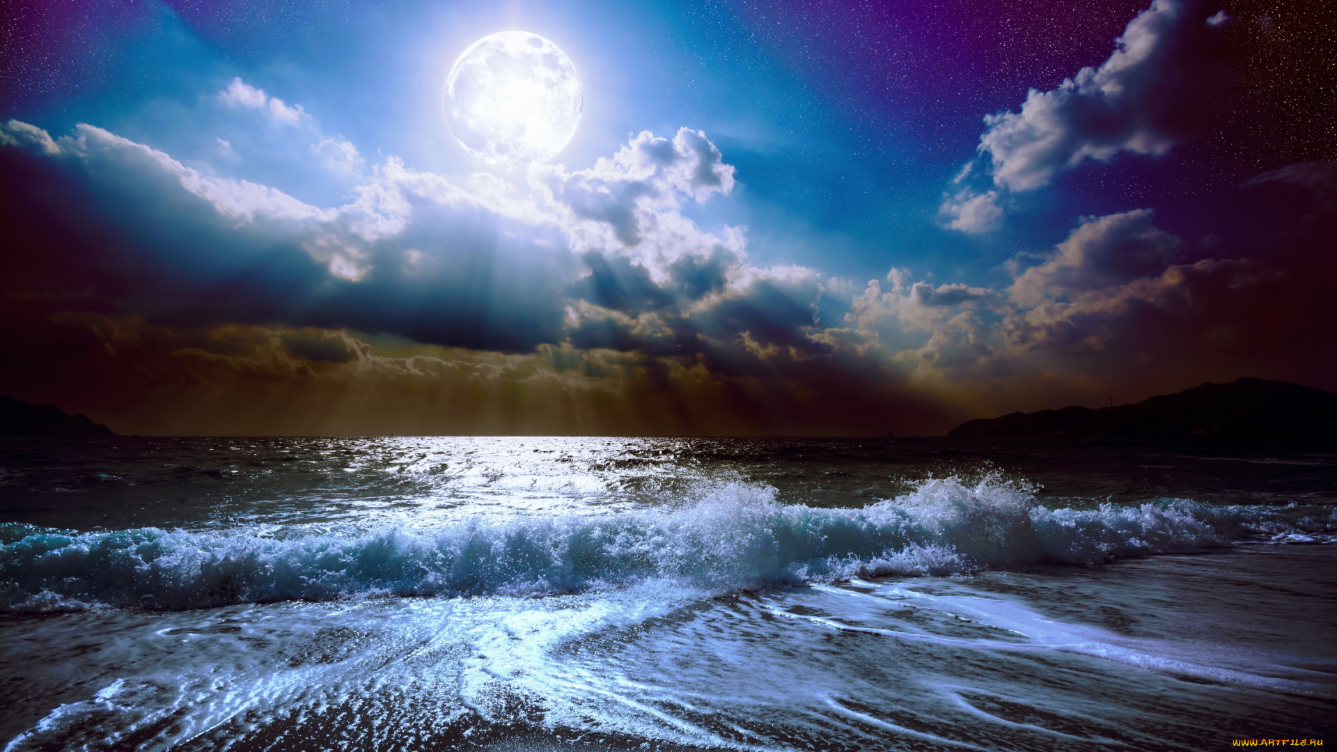 природа, стихия, full, moon, sky, sea, ocean, waves, beautiful, nature, луна, лунный, свет, ночь, пейзаж, облака, полная, небо, море, океан, волны, красивая