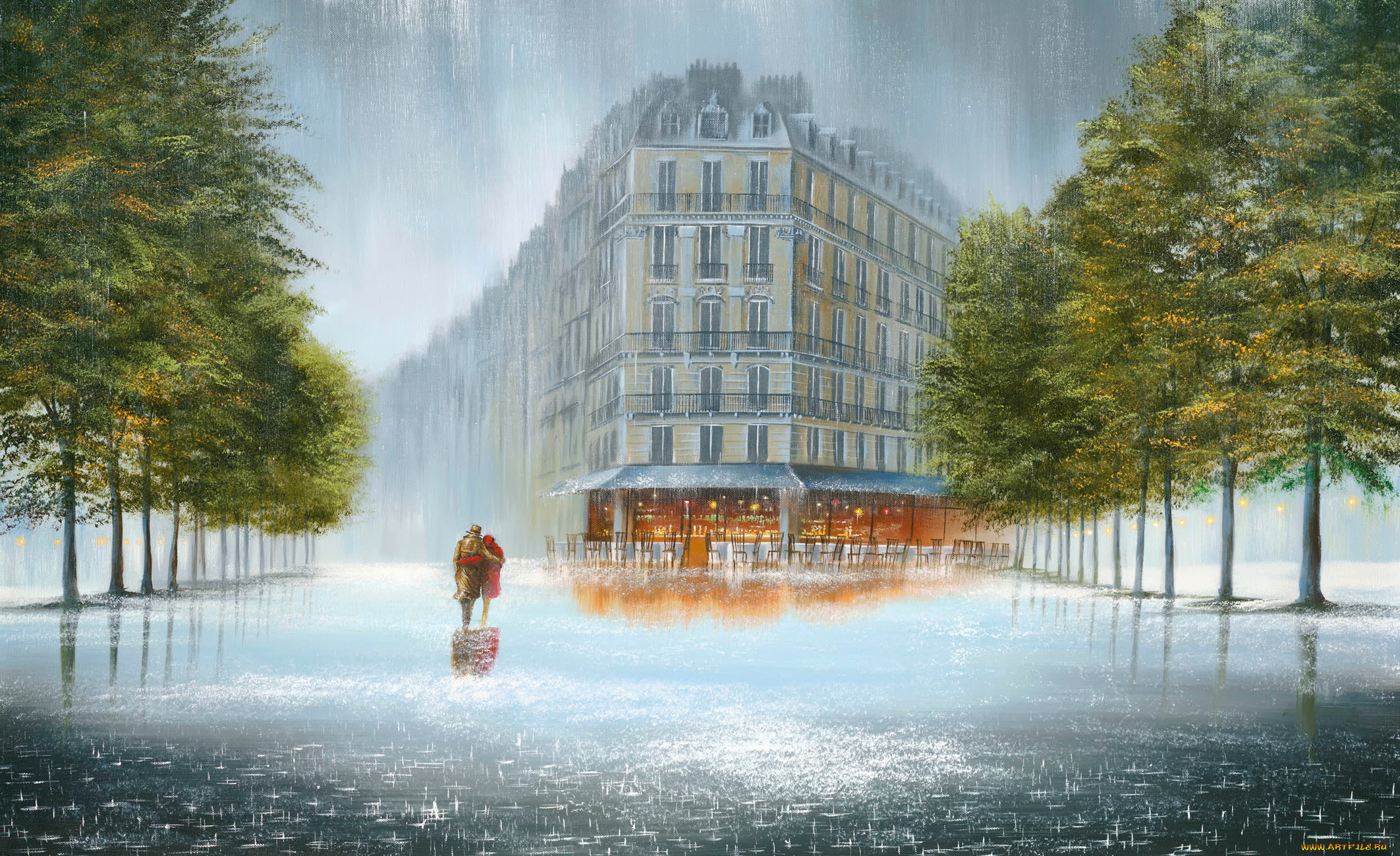 рисованные, живопись, дождь, картина, jeff, rowland, boulevard, embrace