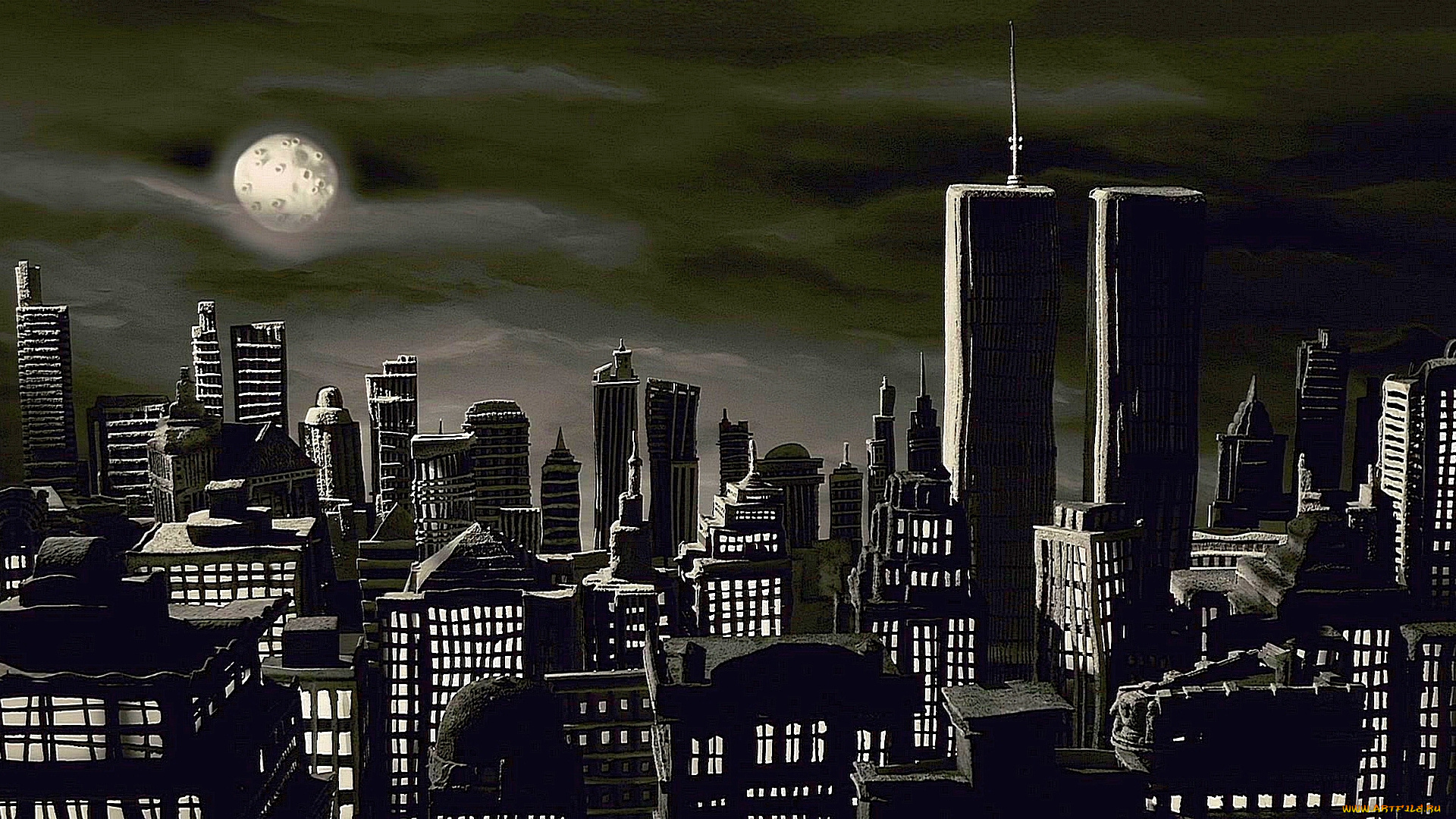 рисованное, города, луна, ночь, здания