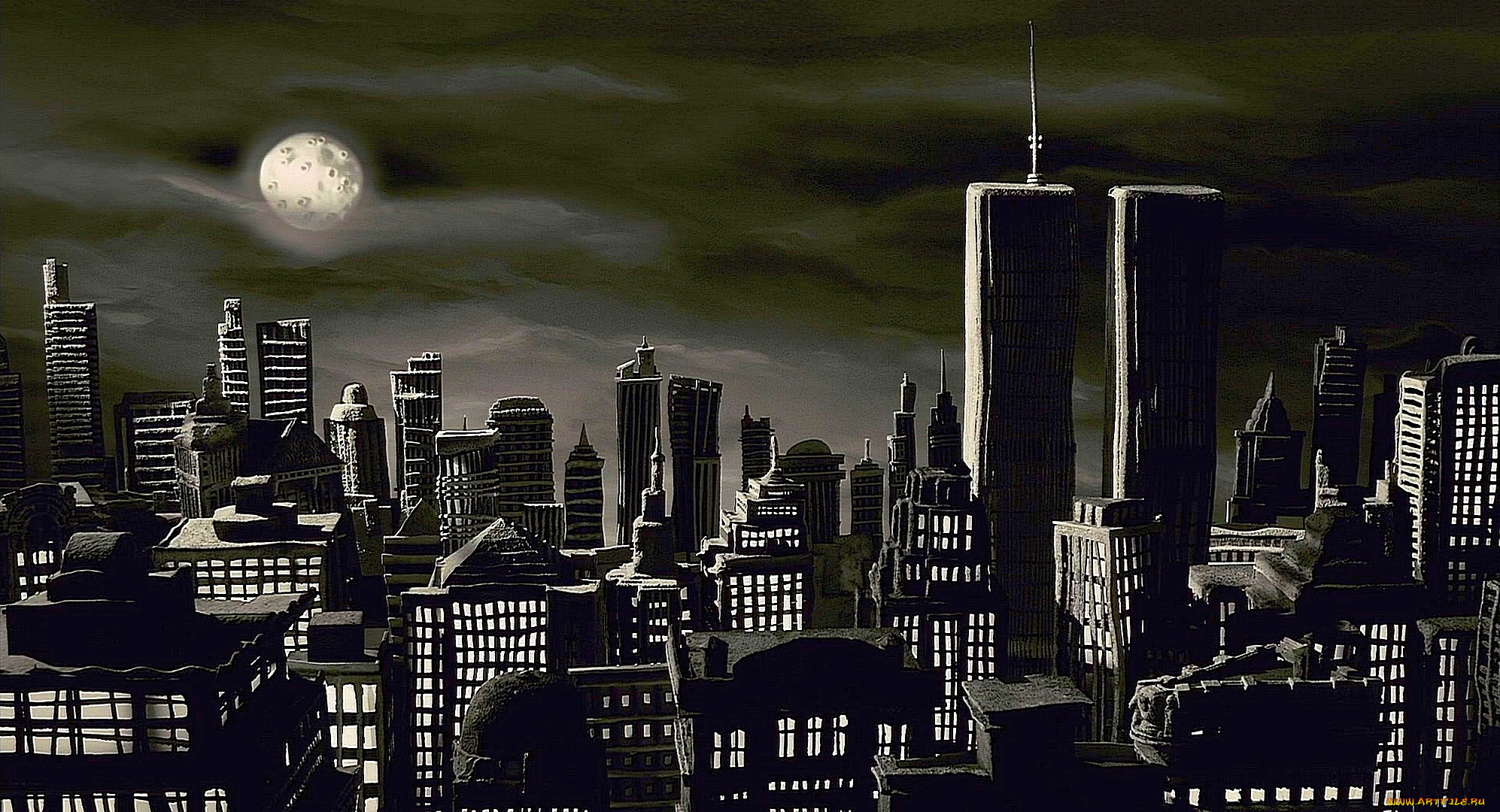 рисованное, города, луна, ночь, здания