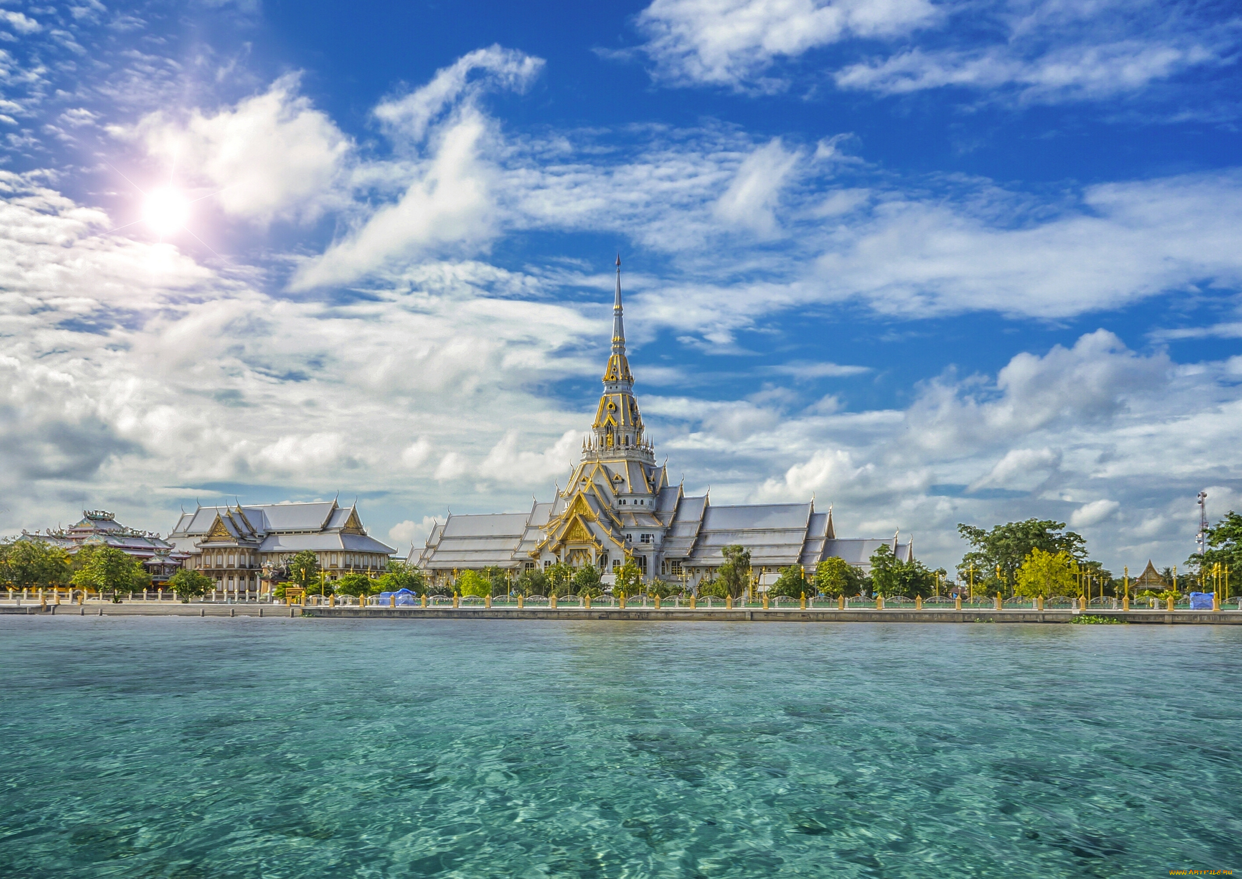 sothorn, temple, chachoengsao, province, thailand, города, буддистские, другие, храмы, вода, набережная, храм, тайланд