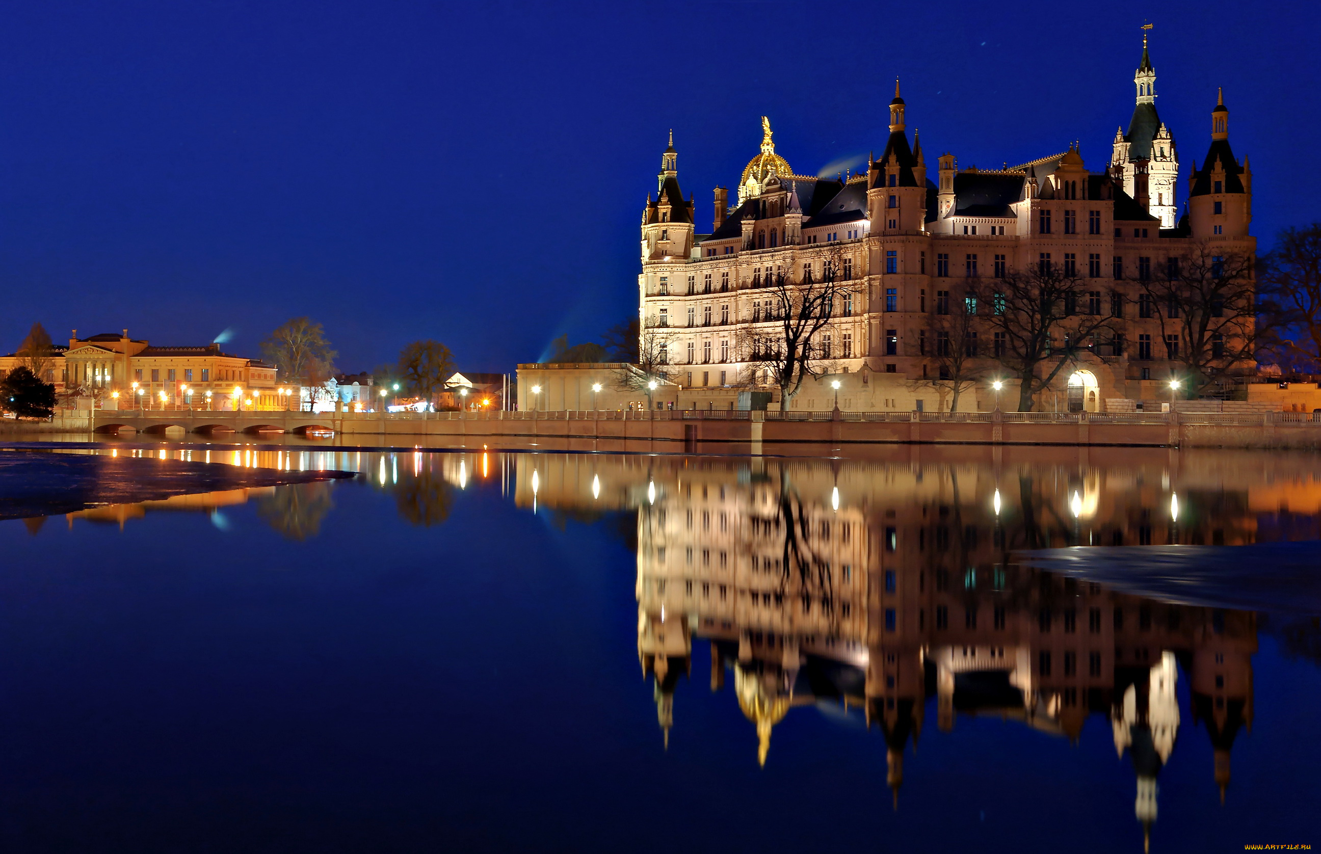 schwerin, castle, германия, города, замок, шверин, река, огни, ночь