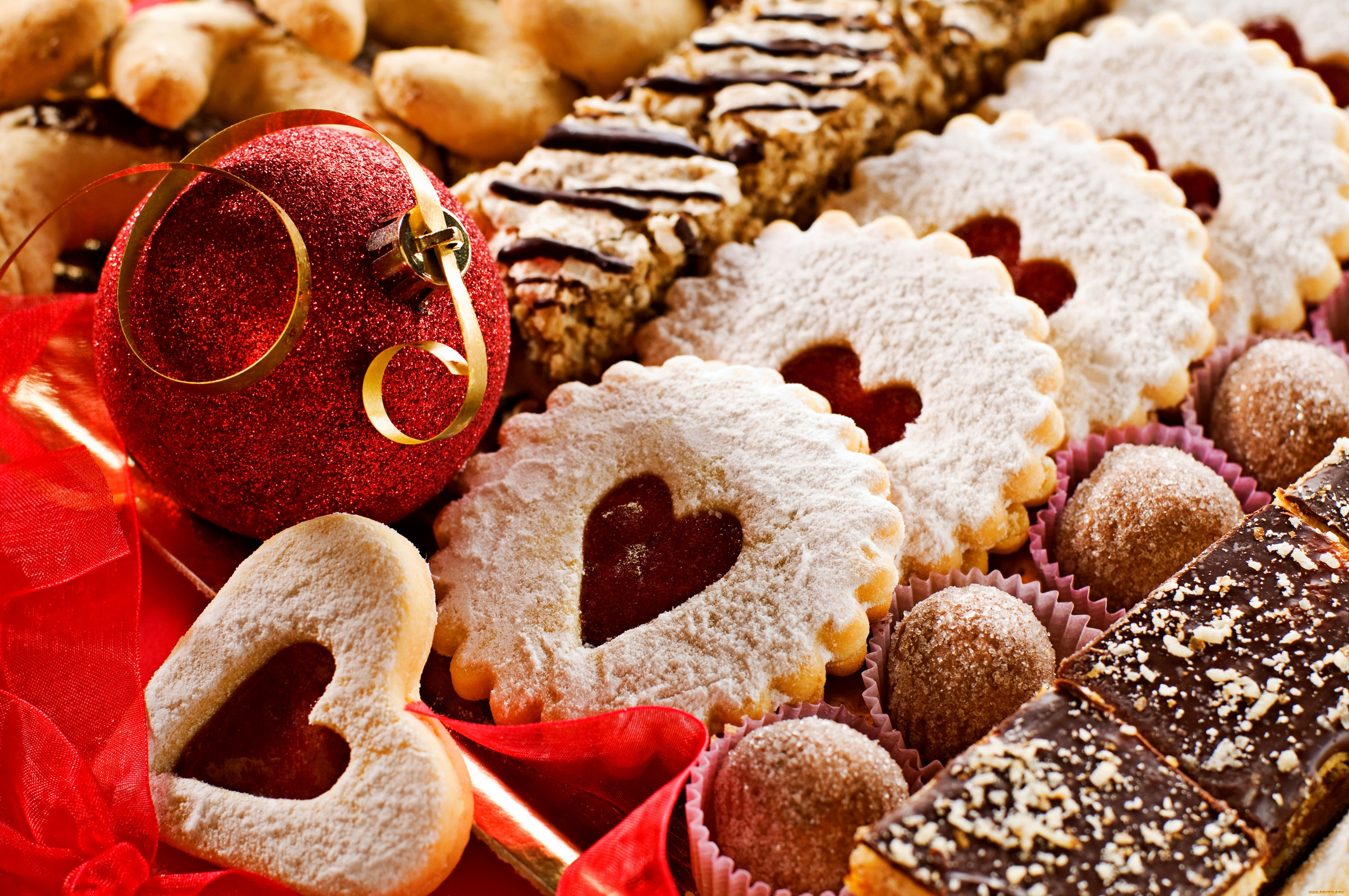 праздничные, угощения, шары, украшения, cookies, торты, конфеты, печенье, ленты, еда, сердца, новый, год, candy, cakes, balls, christmas, decoration, merry, holiday, happy, new, year, праздник, hearts, ribbon
