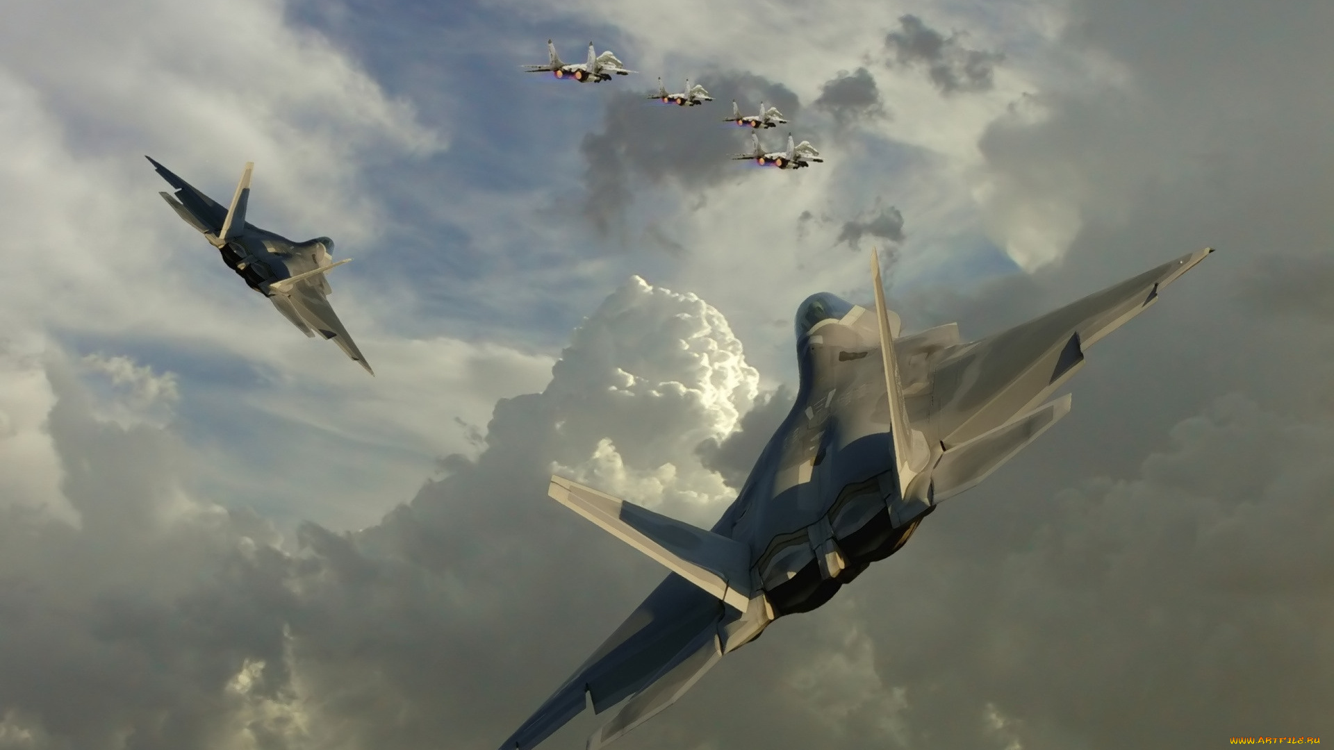 авиация, боевые, самолёты, истребители, f-22, небо, тучи, миг-29