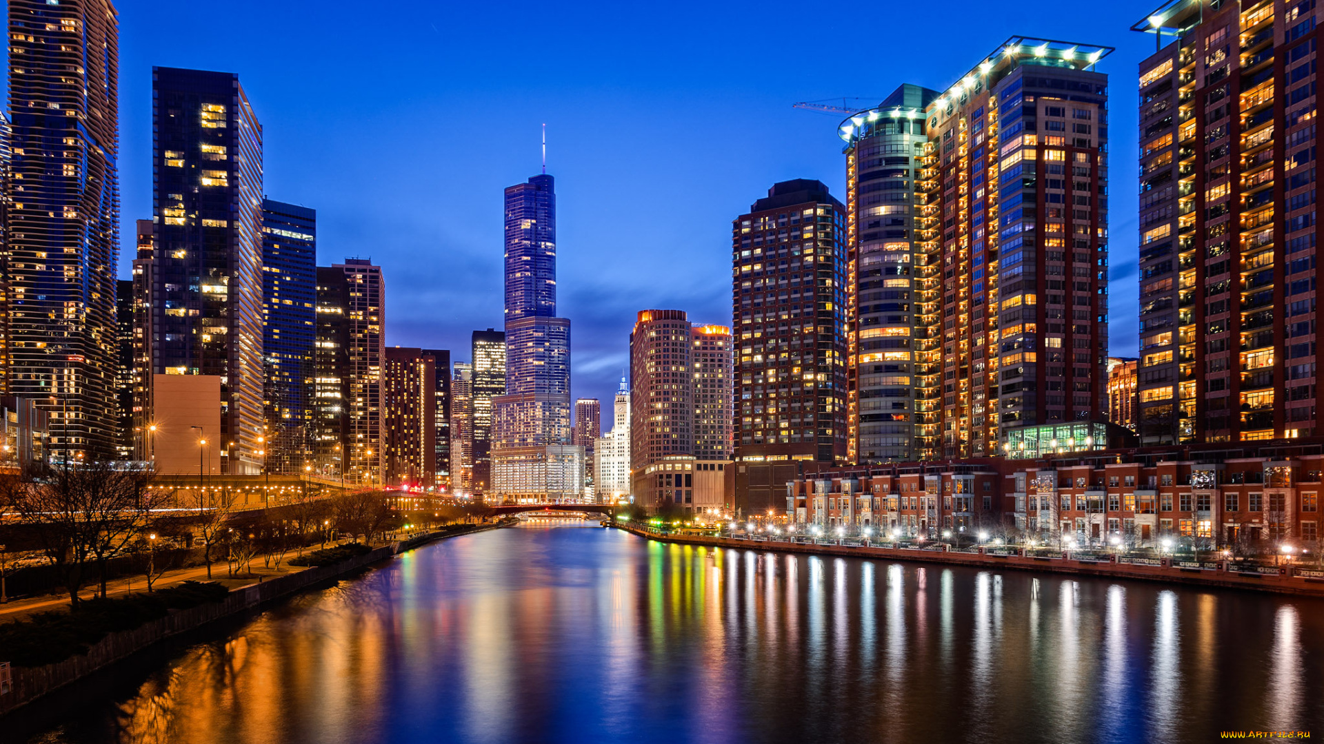 chicago, river, -, chicago, , il, города, Чикаго, , сша, ночь, река, небоскребы