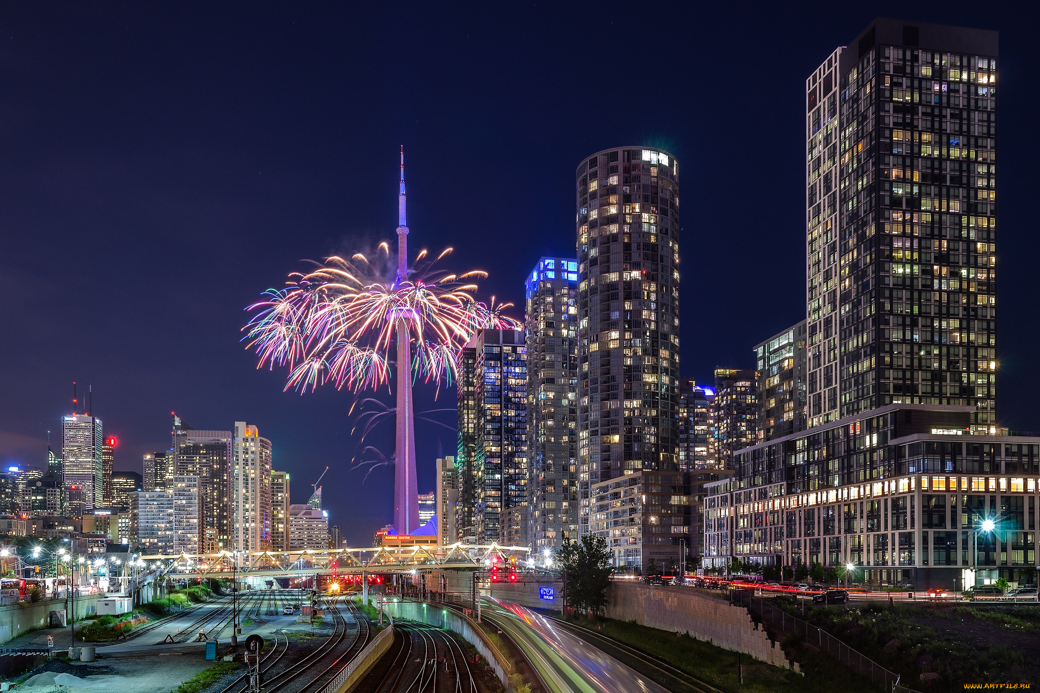 bathurst, bridge, -, toronto, города, торонто, , канада, фейерверк, ночь