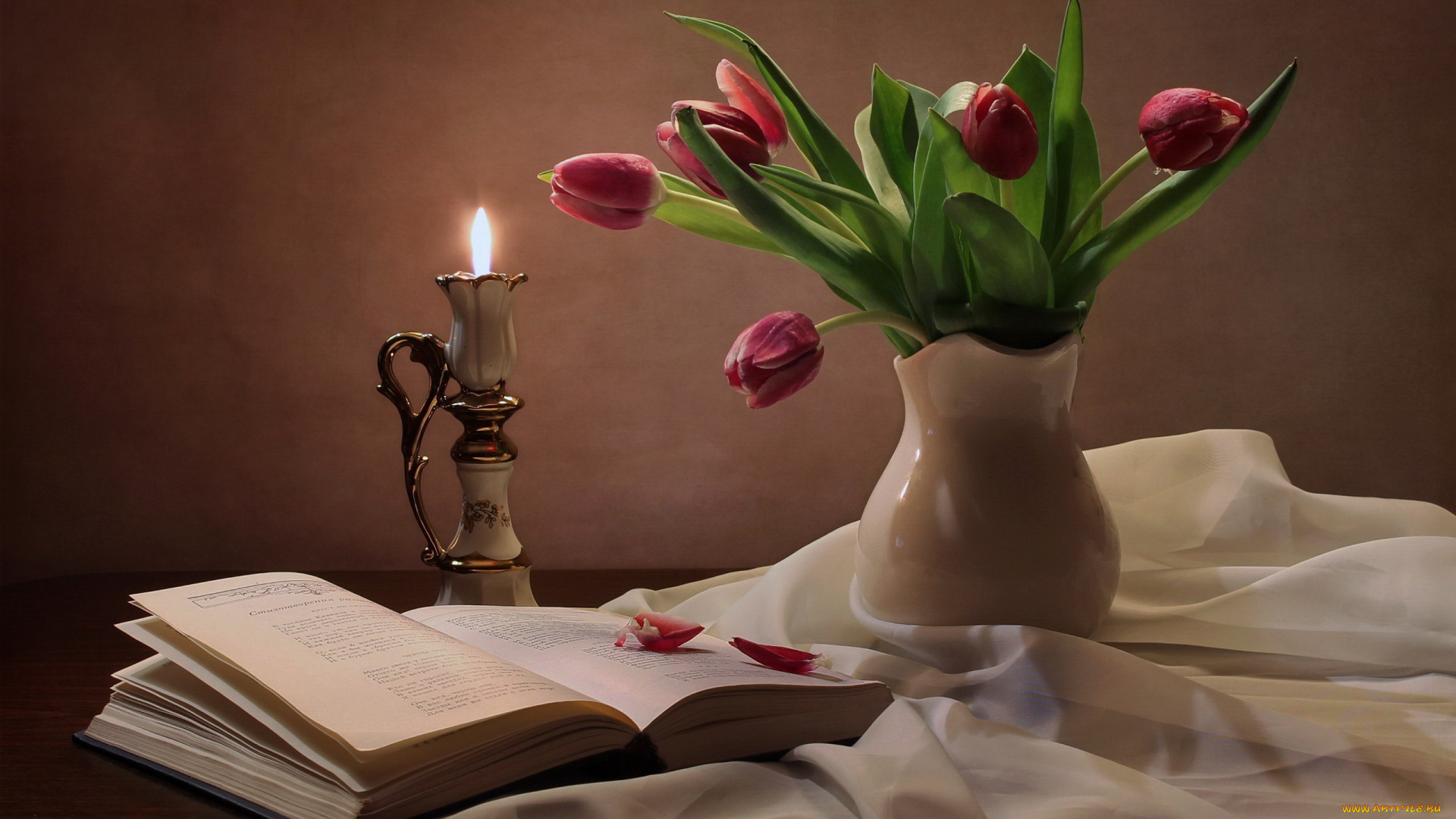 цветы, тюльпаны, книга, ваза, свеча