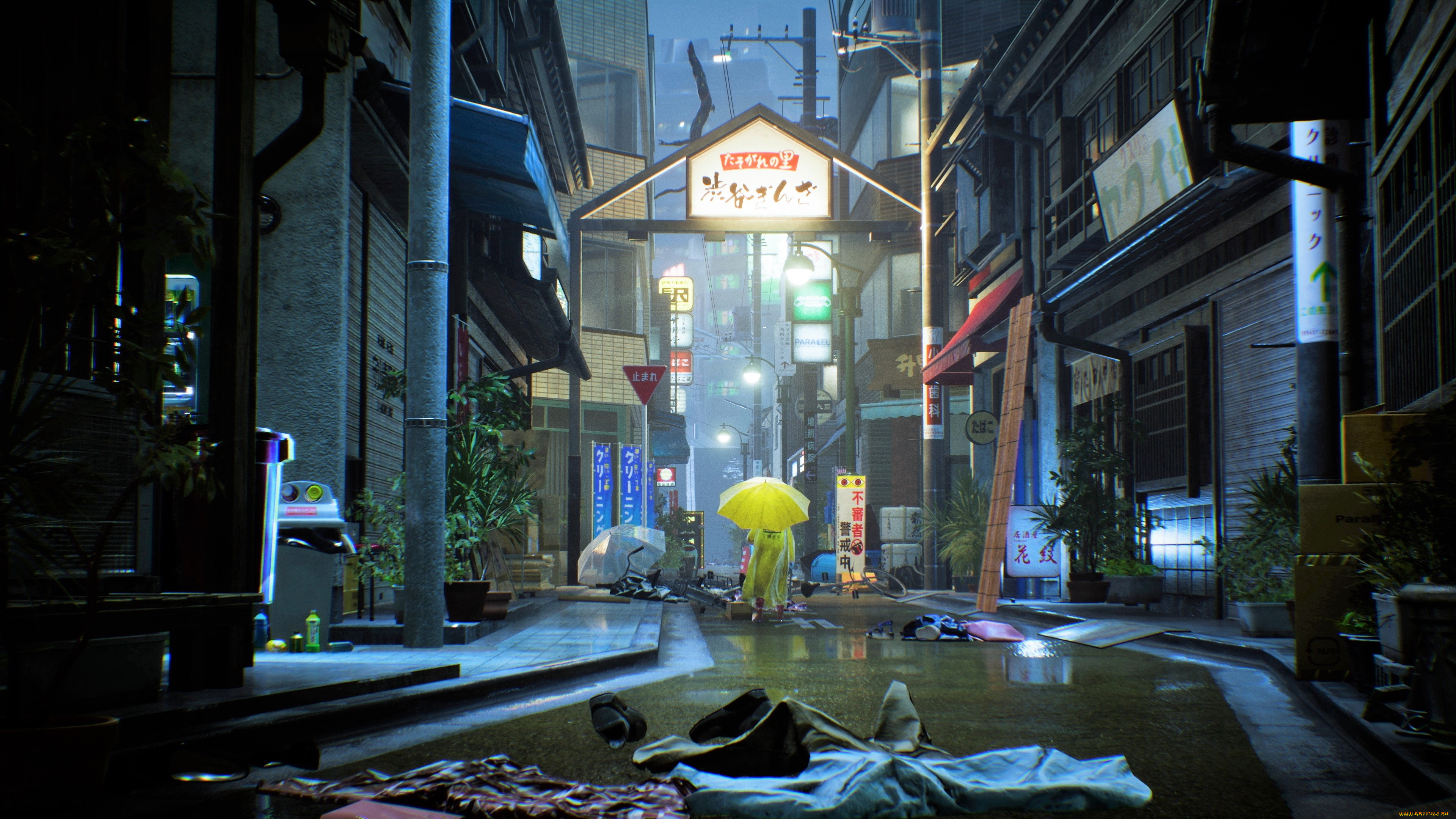 видео, игры, ghostwire, , tokyo, город, улица, вещи, фигура, зонт