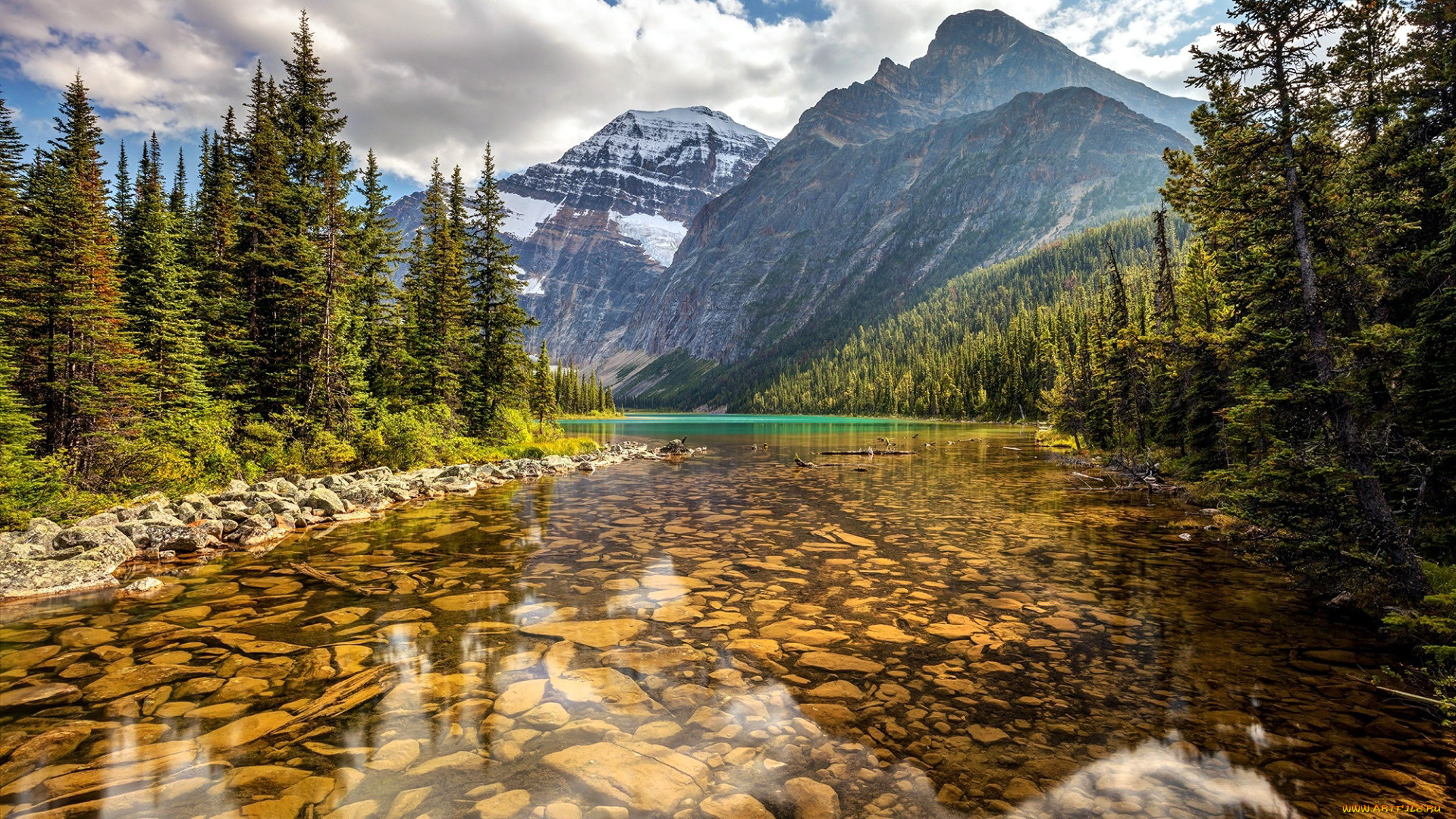 cavell, lake, and, mount, cavell, jasper, np, alberta, природа, реки, озера, cavell, lake, and, mount, jasper, np