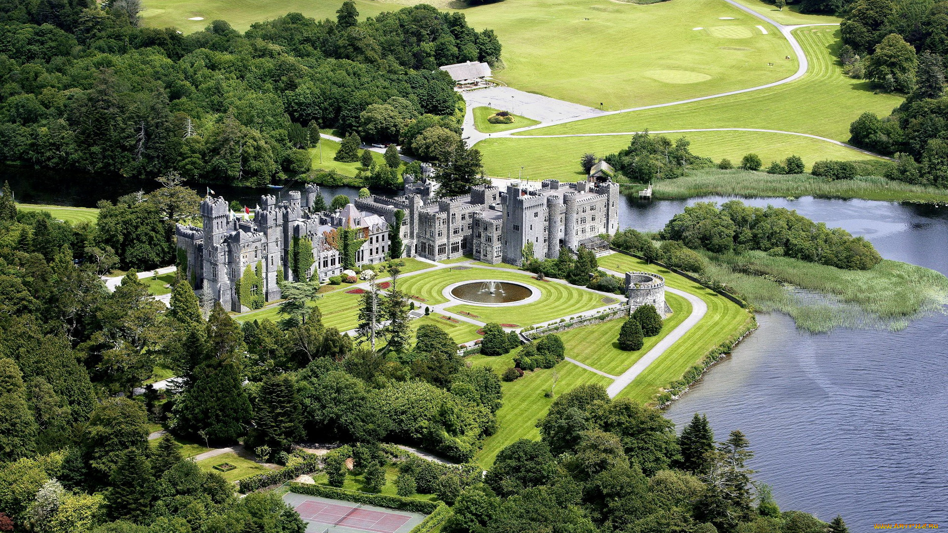 аshford, castle, ireland, города, дворцы, замки, крепости, река, замок, лужайки, фонтан, деревья