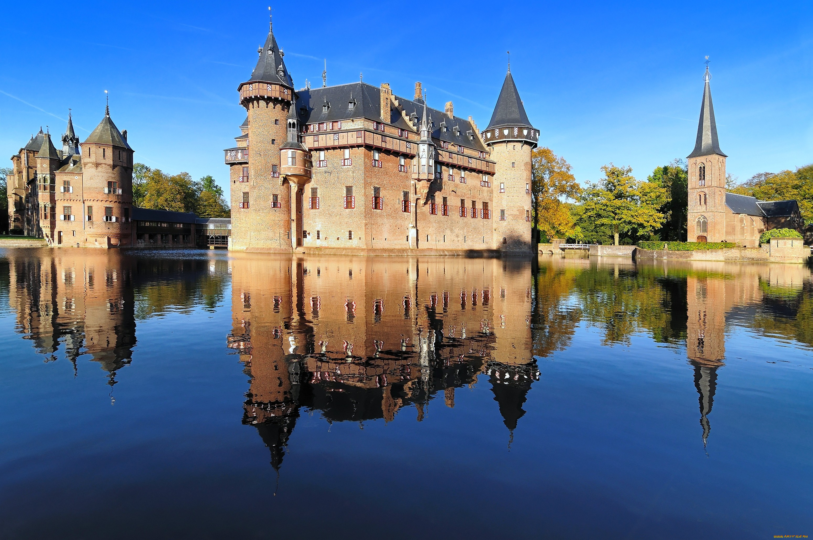 замок, де, хаар, нидерланды, города, дворцы, замки, крепости, каменный, вода, отражение