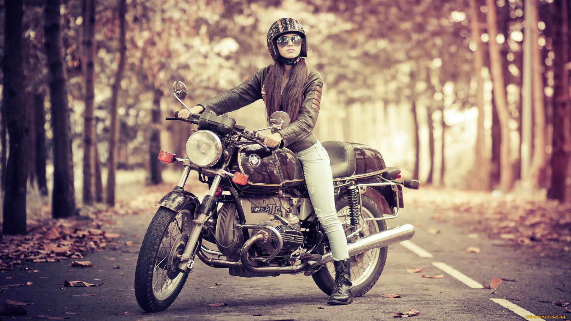 мотоциклы, мото, девушкой, bmw, дорога, шлем, лес