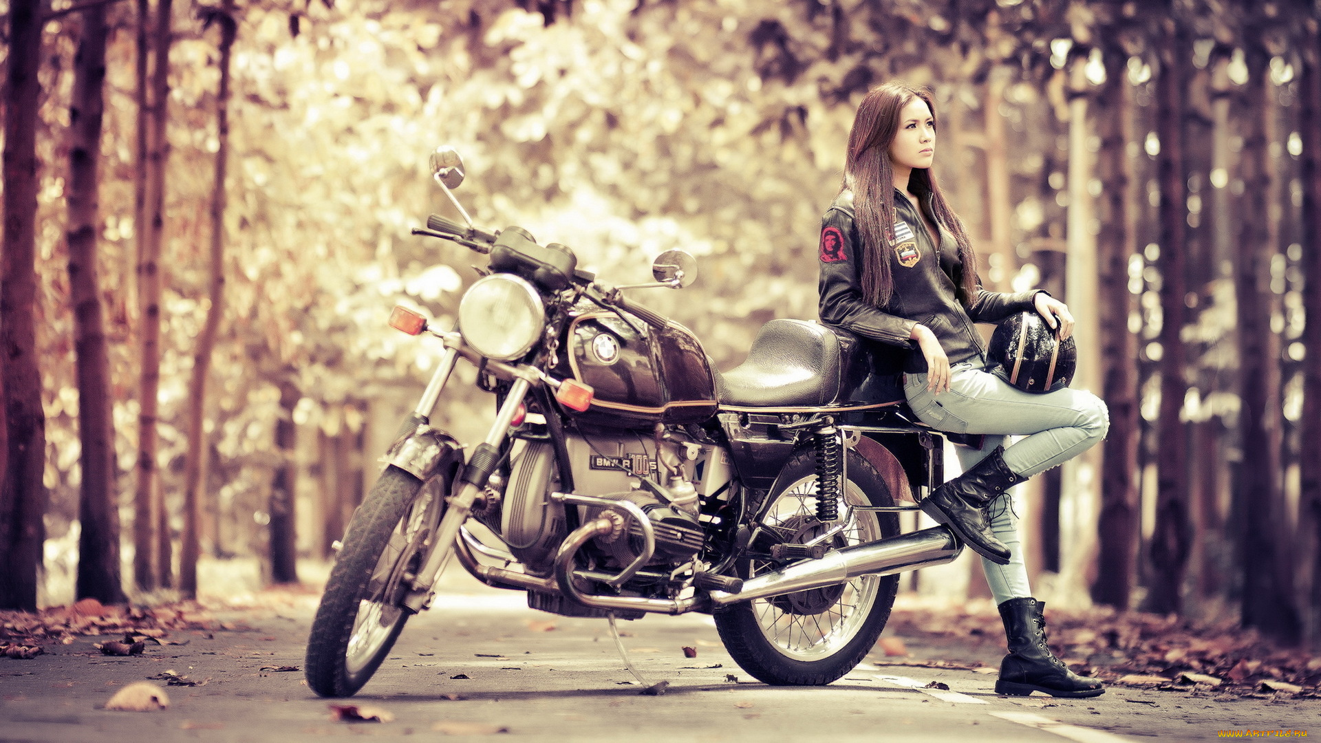 мотоциклы, мото, девушкой, bmw, лес, marijane, дорога, шлем