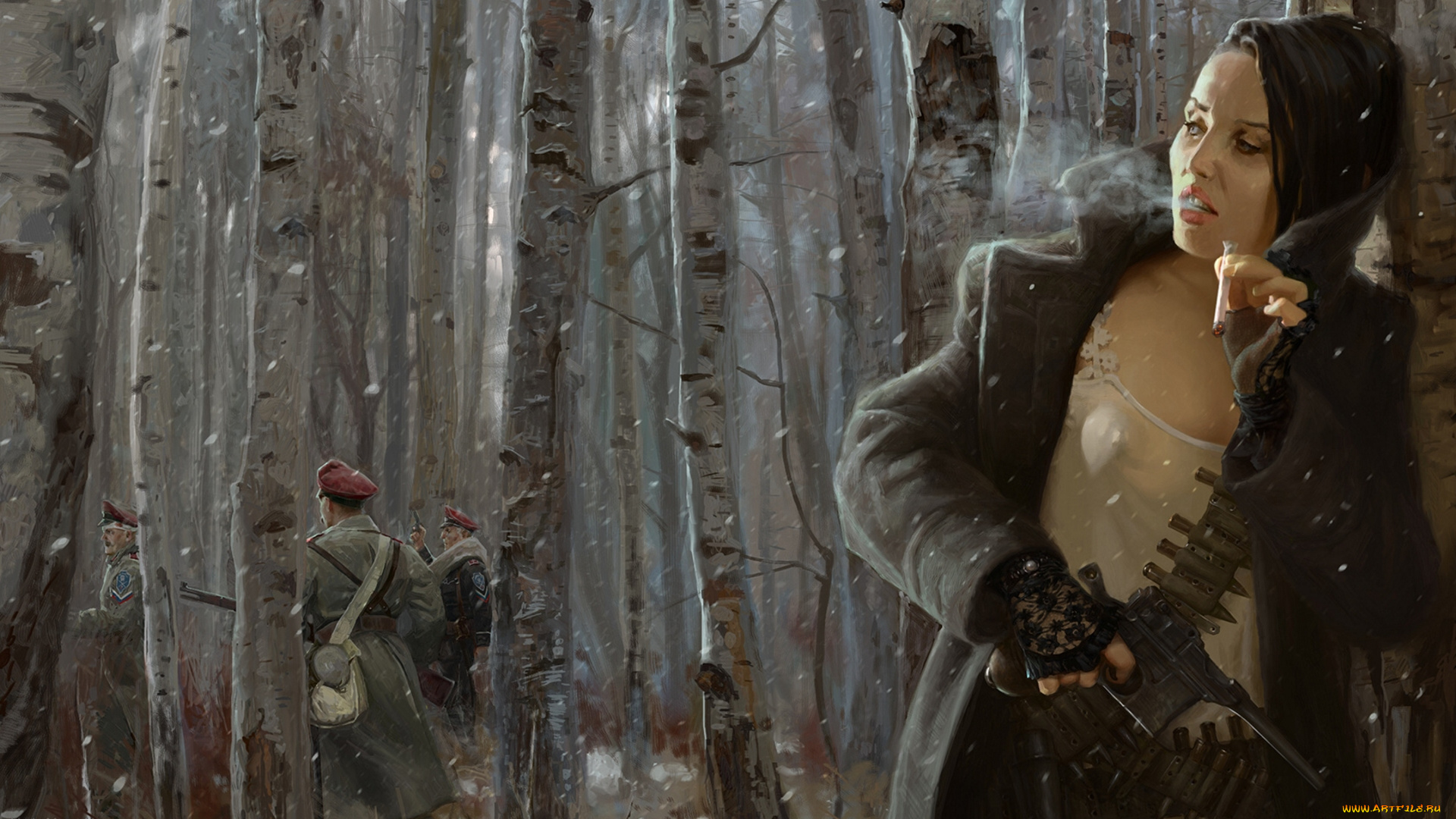 yuriy, mazurkin, рисованные, люди, девушка, солдаты, лес, берёзы, оружие, патроны, сигарета
