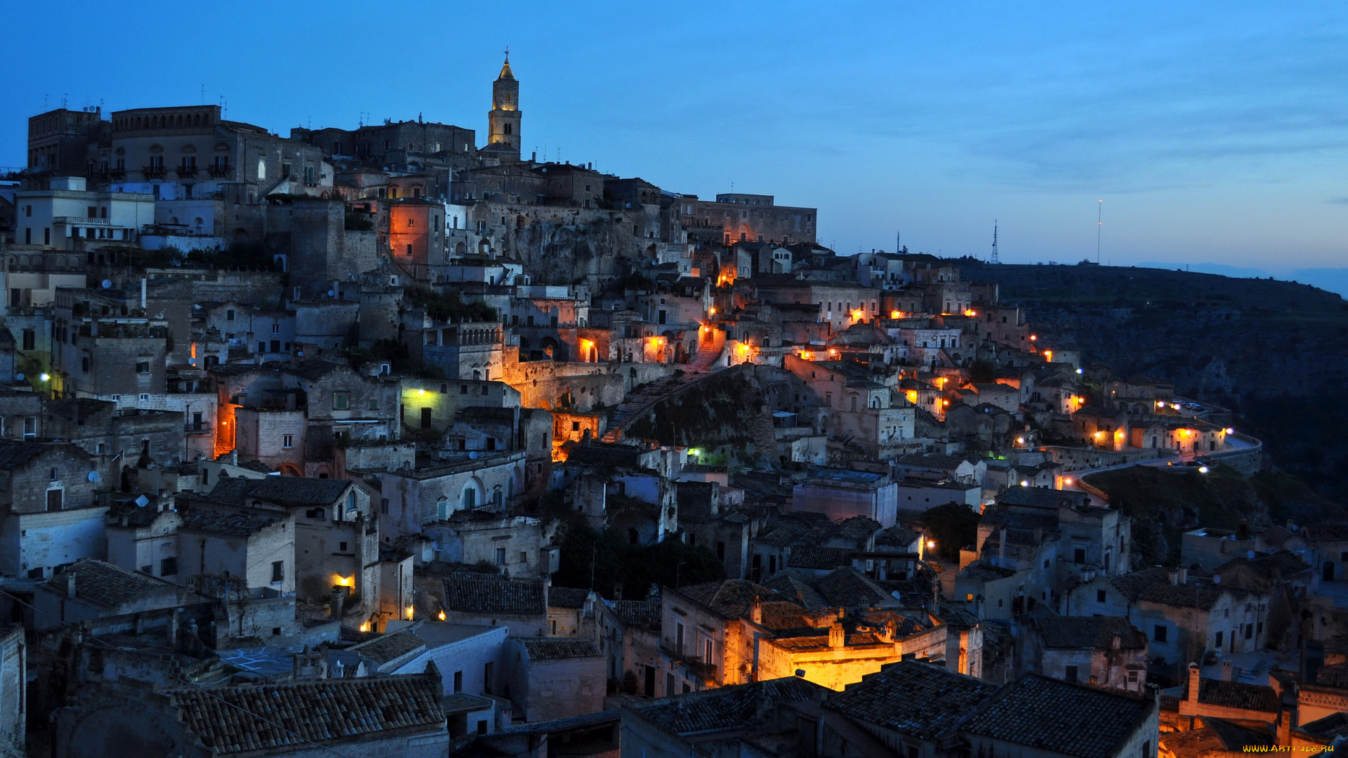 matera, italy, города, -, огни, ночного, города, matera, italy, италия, дома, ночь, огни