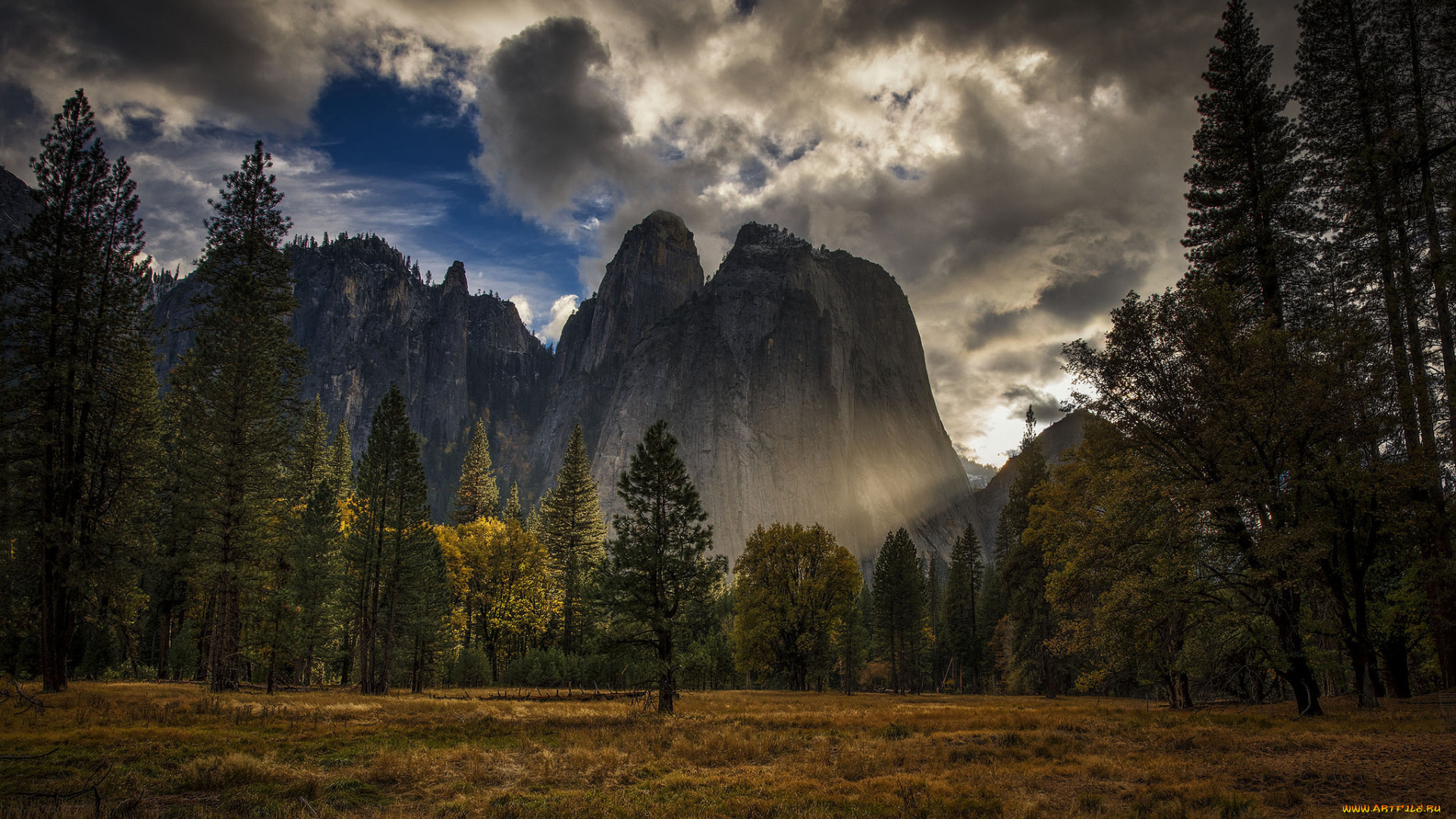 природа, горы, скалы, yosemite, national, park, вечер, трава, осень, сша, небо, сьерра-невада, деревья