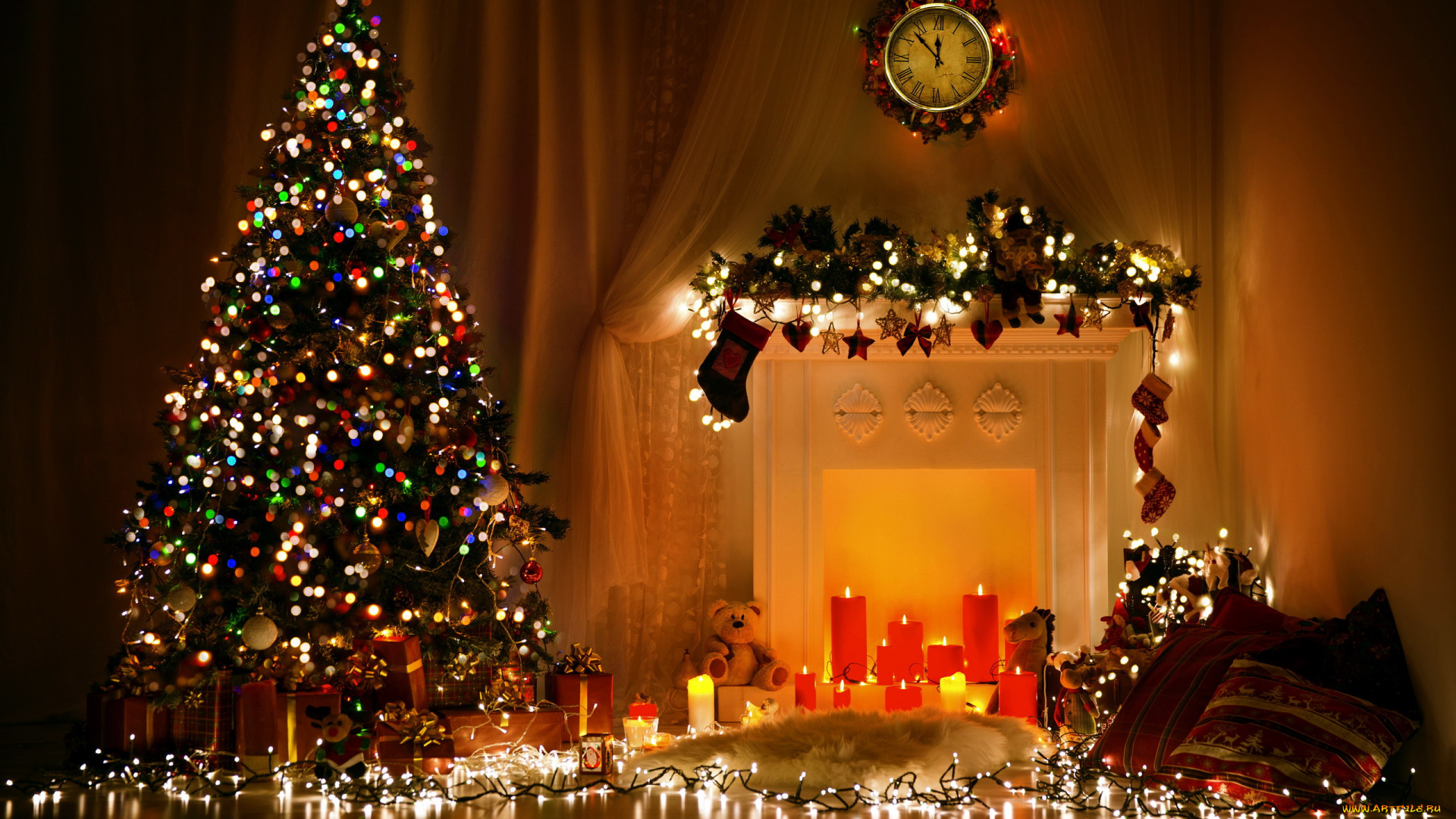 праздничные, новогодний, очаг, гирлянды, свечи, часы, елка
