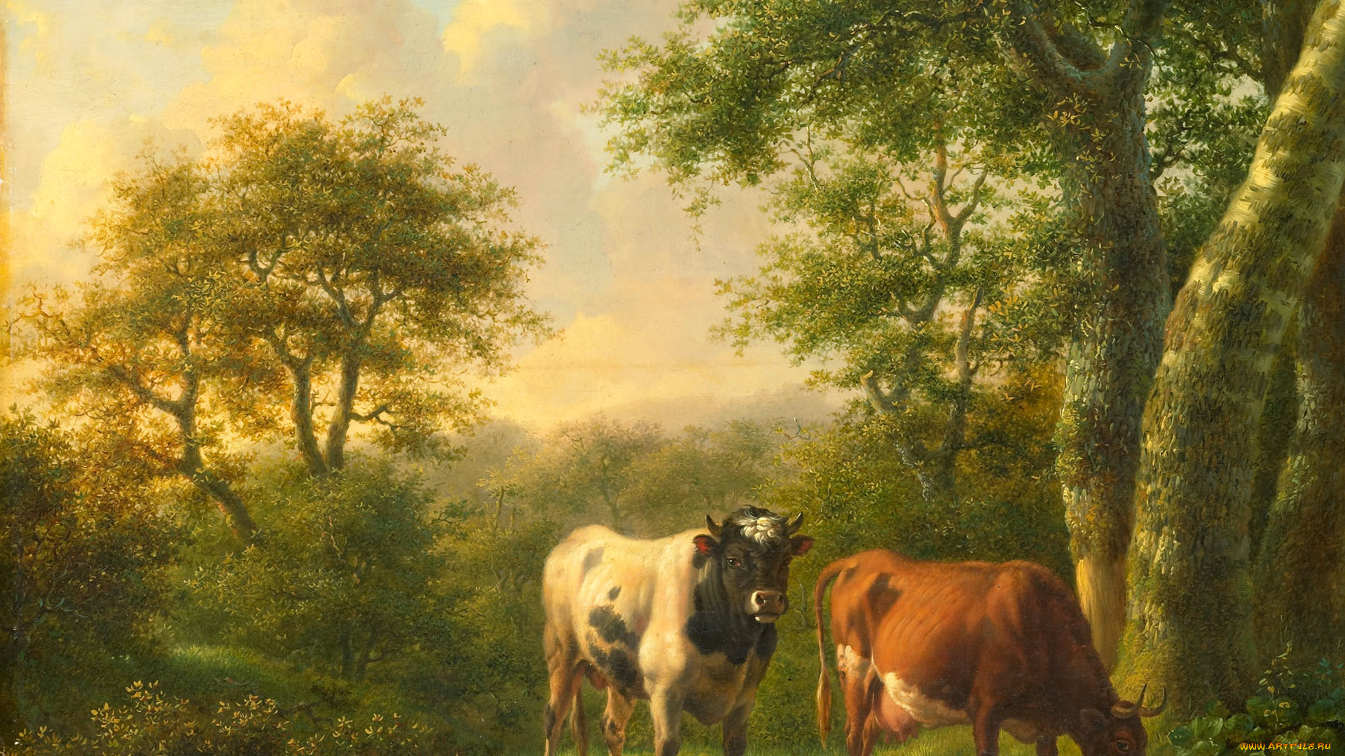 рисованное, живопись, животные, картина, корова