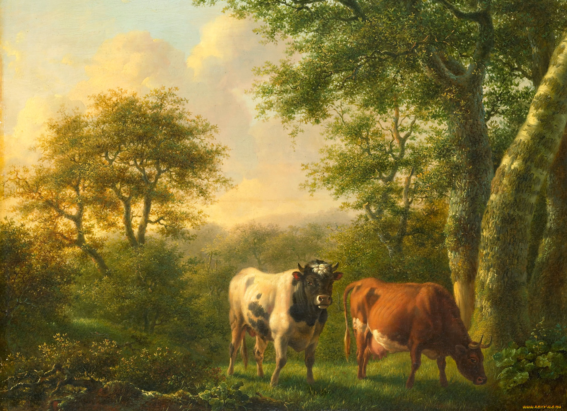 рисованное, живопись, животные, картина, корова