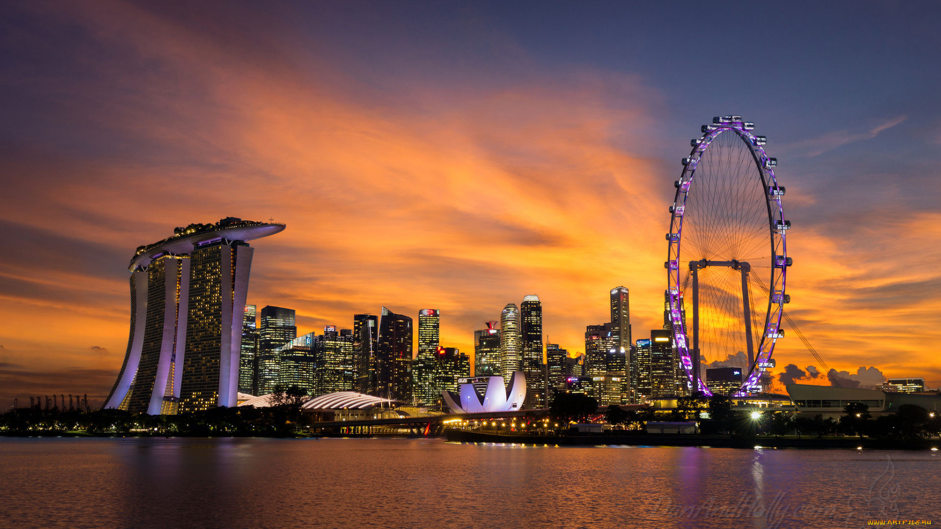 singapore, at, sunset, города, сингапур, , сингапур, простор