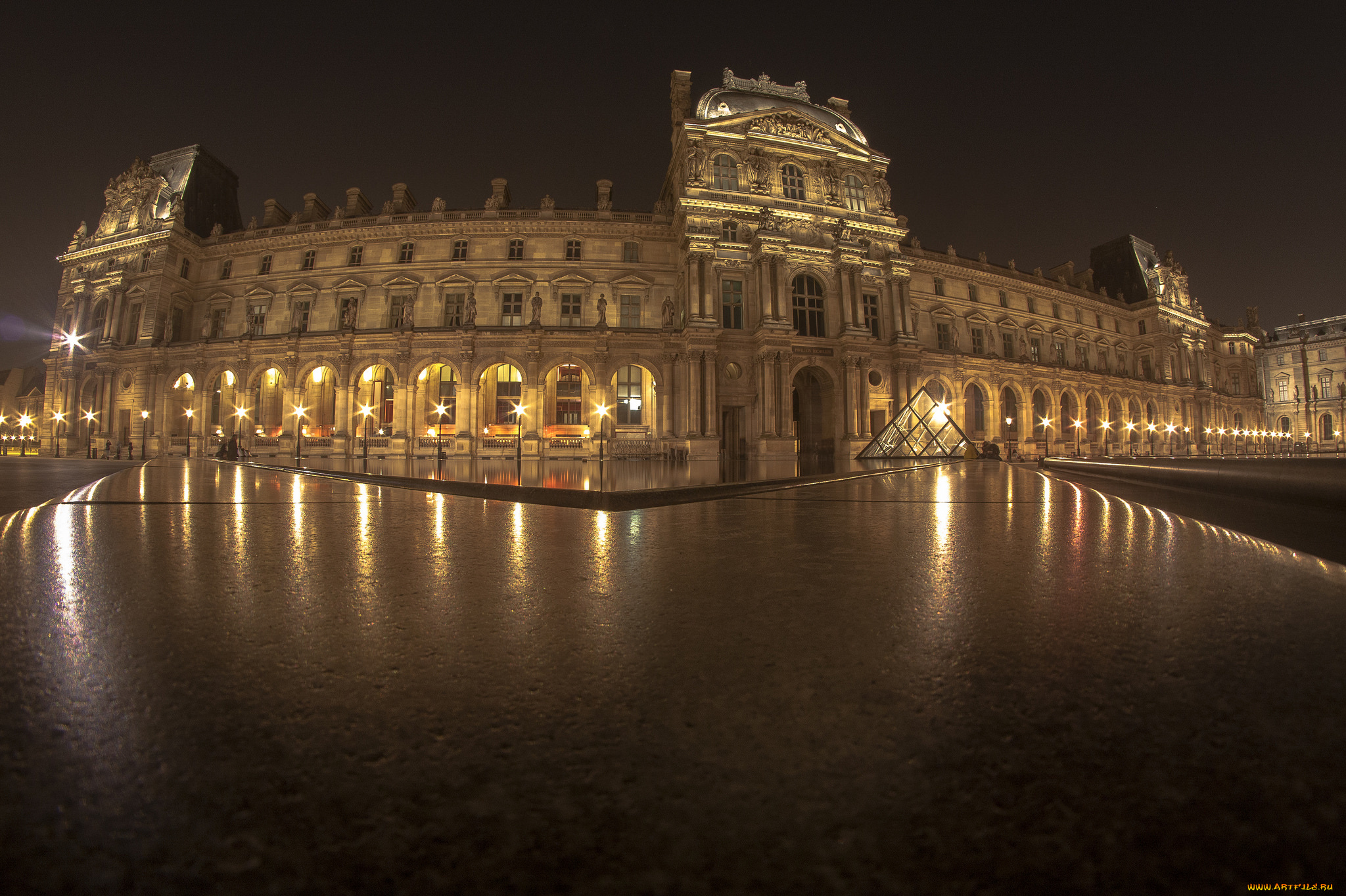 louvre, pyramid, города, париж, , франция, ночь, площадь